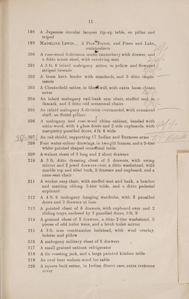   206 G oF 207 | as 208 209 210 211 215 2G 218 219 220 11 A Japanese circular lacquer tip-up table, on pillar and tripod watercolours a ditto music stool, with revolving seat 4 ; striped brocade ments cover bey An inlaid mahogany rail-back arm chair, stuffed seat mm damask, and 2 ditto odd oceasional chairs shelf, on fluted pillars marquetry panelled doors, 4 ft. 6 wide / An oak shield, supporting 17 Indian and Burmese arms * Four water-colour drawings, in two gilt frames, and a 2- tier white painted shaped occasfonal table A walnut chest of 3 long and 2 short drawers A 3 ft. ditto dressing chest of 3 drawers, with swing mirror and 2 jewel drawers over, a ditto washstand, with marble top and tiled back, 2 drawers and cupboard, and a cane-seat chair A wicker easy chair, with stuffed seat and back, a bamboo and matting oblong 2- tier table, and a ditto pedestal] cupboard A 4ft.6 mahogany hanging wardrobe, with 2 panelled doors and 2 drawers at base A painted chest of 6 drawers, with cupboard over and 2 sliding trays, enclosed by 2 panelled doors, 3 ft. 9 A grained chest of 5 drawers, a ditto 2-tier washstand, 5 pieces of odd toilet ware, and a birch toilet mirror A 3ft. iron combination bedstead, with wool overlay, bolster and pillow A small grained cabinet refrigerator A tin roasting jack, and a large painted kitchen table An oval burr walnut-wood loo table A square-back settee, in Indian dhurri case, extra cretonne cover 7 Sree ti een Any Apt nee 