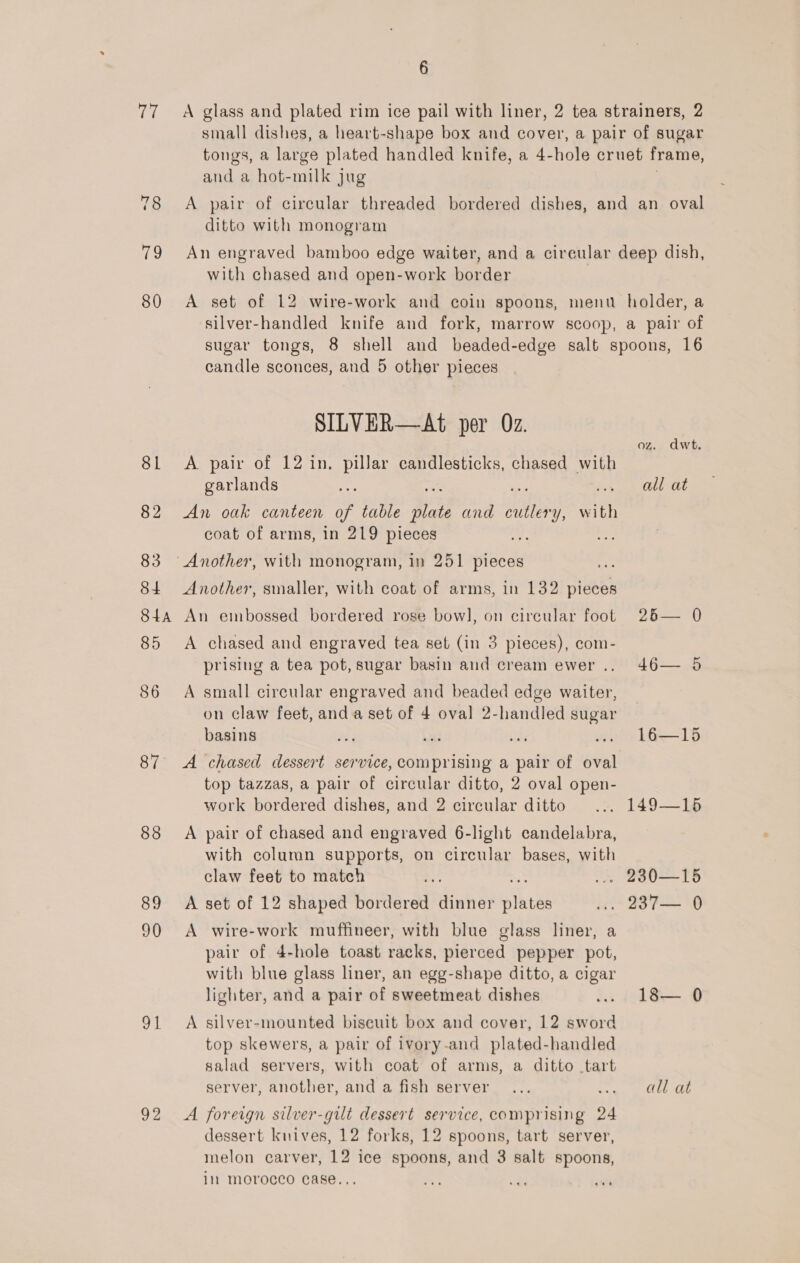 Tes: 80 87 88 89 90 ah 92 6 small dishes, a heart-shape box and cover, a pair of sugar tongs, a large plated handled knife, a 4-hole cruet frame, and a hot-milk jug A pair of circular threaded bordered dishes, and an oval ditto with monogram An engraved bamboo edge waiter, and a circular deep dish, with chased and open-work border A set of 12 wire-work and coin spoons, menu holder, a silver-handled knife and fork, marrow scoop, a pair of sugar tongs, 8 shell and beaded-edge salt spoons, 16 candle sconces, and 5 other pieces SILVER—At per Oz. A pair of 12 in, pillar candlesticks, chased with garlands &lt;s all at oz. dwt. An oak canteen of table Fire and olny is coat of arms, in 219 pieces ae Another, smaller, with coat of arms, in 132 pieces An embossed bordered rose bow], on circular foot 25— 0 A chased and engraved tea set (in 3 pieces), com- prising a tea pot, sugar basin and cream ewer... 46— 5 A small circular engraved and beaded edge waiter, on claw feet, anda set of 4 oval 2-handled sugar basins or ee sid ... L6—15 A chased dessert service, comprising a pair of oval top tazzas, a pair of circular ditto, 2 oval open- work bordered dishes, and 2 circular ditto ... 149—15 A pair of chased and engraved 6-light candelabra, with coluran supports, on circular bases, with claw feet to match Ae ... 230—15 A set of 12 shaped bordered dinner ates ... 237— 0 A wire-work muffineer, with blue glass liner, a pair of 4-hole toast racks, pierced pepper pot, with blue glass liner, an egg-shape ditto, a cigar lighter, and a pair of sweetmeat dishes .. 18— 0 A silver-mounted biseult box and cover, 12 sword top skewers, a pair of ivory-and plated-handled salad servers, with coat of arms, a ditto tart server, another, and a fish server... a Fi Se: A foreign silver-gilt dessert service, comprising 24 dessert kuives, 12 forks, 12 spoons, tart server, melon carver, 12 ice spoons, and 3 salt spoons, in morocco case...