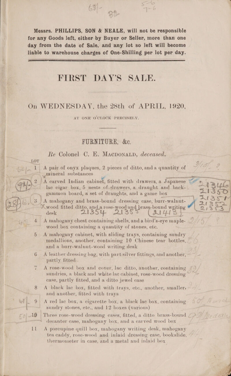 Messrs. PHILLIPS, SON &amp; NEALE, will not be responsible for any Goods left, either by Buyer or Seller, more than one day from the date of Sale, and any lot so left will become liable to warehouse charges of One-Shilling per lot per day.   FIRST DAY’S SALE. On WEDNESDAY, the 28th of APRIL, 1920, AT ONE O'CLOCK PRECISELY. FURNITURE, &amp;c. Re Colonel C. E. Macponatp, deceased. 1] A pair of onyx plaques, 2 pieces of ditto, anda quantity of = mineral substances shihcpeclssistbhicd ly LRAT ET eatin j ee ag 4 Yer f m 2 es &lt; f. 4 ee 2 ¢ fa ¥ x Q Os e Jey | \.2_) A carved Indian cabinet, fitted with drawers, a Japanese Ue cs ap? l oem Ty Lh ac cigar box, 5 nests of drawers, a draught and back- &lt;4 3 _ gammon Boards a set of draughts, and a game box _ Ss x Bact 9° | 1A mahogany and brass-bound dressing case, burr- walnut- fA — Sst X.wood fitted ditto, pet rose- wood a4 Drass: bound writing | 3,3 oa i - ah f dou 2ISSY 238s (a14i3)-——— 4 A mahogany chest containing shells, anda bird’s-eye maple- wood box containing a quantity of stones, ete. 5 A mahogany cabinet, with sliding trays, containing sundry _ medallions, another, containing 10 Chinese tear bottles, and a burr-walnut-wood writing desk 6 A leather dressing bag, with part silver fittings, and another, partly fitted ~I A rose-wood box and cover, lac ditto, another, containing sundries, a black and white lac cabinet, rose-wood dressing ~~ case, partly fitted, and a ditto jewel case 8 A black lac box, fitted with trays, ete., another, smaller, and another, fitted with trays - sundry stones, ete., and 12 boxes (various) 19 | Three rose-wood dressing cases, fitted, a ditto brass-bound / | decanter case, mahogany box, and a carved wood box LL A poreupine quill box, mahogany writing desk, mahogany tea caddy, rose-wood and inlaid dressing ease, bookshde, thermometer in case, and a metal and inlaid box 