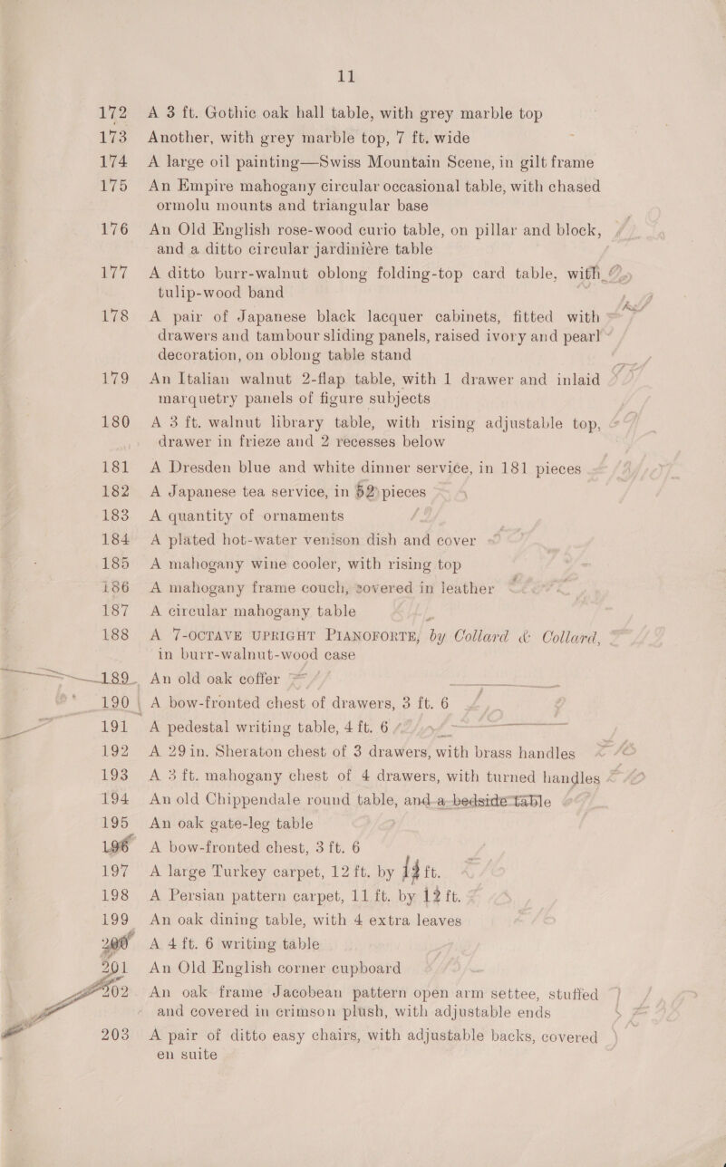 172 173 174 175 176 aed 178 ti A 3 ft. Gothic oak hall table, with grey marble top Another, with grey marble top, 7 ft. wide A. large oil painting—sSwiss Mountain Scene, in gilt frame An Empire mahogany circular occasional table, with chased ormolu mounts and triangular base An Old English rose-wood curio table, on pillar and block, and a ditto circular jardiniére table A ditto burr-walnut oblong folding-top card table, with ©. tulip-wood band 7 : RES A pair of Japanese black lacquer cabinets, fitted with * drawers and tambour sliding panels, raised ivory and pearl decoration, on oblong table stand An Italian walnut 2-flap table, with 1 drawer and inlaid m, marquetry panels of figure subjects A 3 ft. walnut library table, with rising adjustable top, © drawer in frieze and 2 recesses below A Dresden blue and white dinner service, in 181 pieces A Japanese tea service, in 62) pieces A quantity of ornaments A plated hot-water venison dish and cover A mahogany wine cooler, with rising top A mahogany frame couch, sovered in leather A circular mahogany table A 7-OCTAVE UPRIGHT PIANOFORTE, by Collard &amp;: Collard, in burr-walnut-wood case A 29in. Sheraton chest of 3 drawers, with brass handles A 3ft. mahogany chest of 4 drawers, with turned handles 4 An old Chippendale round table, and-a-bedside“table An oak gate-leg table A. bow-fronted chest, 3 ft. 6 ' A large Turkey carpet, 12 ft. by 12 ft. A Persian pattern carpet, 11 ft. by 12 ft. An oak dining table, with 4 extra leaves A 4 ft. 6 writing table An Old English corner cupboard and covered in crimson plush, with adjustable ends A pair of ditto easy chairs, with adjustable backs, covered en suite