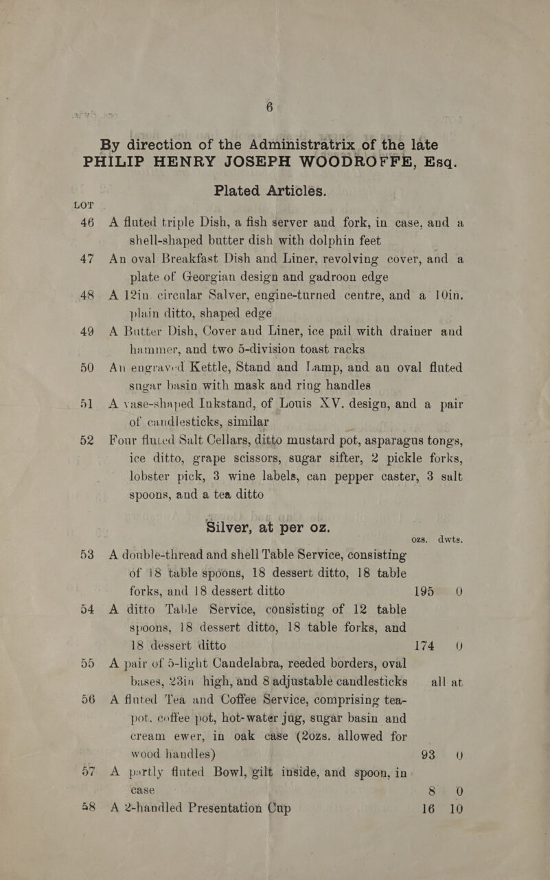 47 48 49 50 51 D2 o4 DD 56 Plated Articles. shell-shaped butter dish with dolphin feet An oval Breakfast Dish and Liner, revolving cover, and a plate of Georgian design and gadroon edge A 12in. circular Salver, engine-turned centre, and a 10in. plain ditto, shaped edge A Butter Dish, Cover and Liner, ice pail with drainer and hammer, and two 5-division toast racks An engraved Kettle, Stand and Lamp, and an oval fluted sugar basin with mask and ring handles A vase-shaped Inkstand, of Louis XV. design, and a pair of candlesticks, similar Four fluted Salt Cellars, ditto mustard pot, asparagus tongs, ice ditto, grape scissors, sugar sifter, 2 pickle forks, lobster pick, 3 wine labels, can pepper caster, 3 salt spoons, and a tea ditto Silver, at per oz. A double-thread and shell Table Service, consisting of 18 table spoons, 18 dessert ditto, 18 table forks, and 18 dessert ditto 195m0 A ditto Table Service, consisting of 12 table spoons, 18 dessert ditto, 18 table forks, and 18 dessert ditto 174 0 A pair of 5-light Candelabra, reeded borders, oval bases, 28in high, and 8 adjustable candlesticks all at A fluted Tea and Coffee Service, comprising tea- pot. coffee pot, hot-water jug, sugar basin and cream ewer, in oak case (20zs. allowed for wood handles) 93 U A partly fluted Bowl, gilt inside, and spoon, in case we D A 2-handled Presentation Cup 16 10