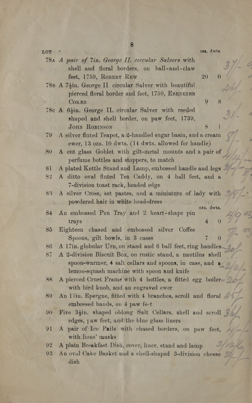 LOT: - : ozs, dwts. 784 A pair of Tin. George IT. corcular Salvers with shell and floral borders, on ball-and-claw feet, 1759, Ropert Rew 20 788 A 74in. George II circular Salver with beautiful, pierced floral border and feet, 1759, EBENEZER CoKER SD ay 79 shaped and shell border, on paw feet, 1739, JOHN RoBINsoN Say cal A silver fluted Teapot, a 2-handled sugar basin, and a cream ewer, 13 ozs. 10 dwts. (14 dwts. allowed for handle) A cut glass Goblet with gilt-metal mounts and a pair of - perfume bottles and stoppers, to match cs A plated Kettle Stand and Lamp, embossed handle and legs A ditto oval fluted Tea Caddy, on 4 ball feet, and a 7-division toast rack, beaded edge A silver Cross, set pastes, and a miniature of lady with powdered hair in white head-dress ‘ ozs. dwts. An embossed Pen Tray and 2 heart-shape pin trays — 4 0 Highteen chased and embossed silver Coffee Spoons, gilt bowls, in 3 cases 200 spoon-warmer, 4 salt cellars and spoons, in case, and a— lemon-squash machine with spoon and knife A pierced Cruet Frame with 4 bottles, a fitted egg boiler with bird knob, and an engraved ewer An llin. Epergne, fitted with 4 branches, scroll and floral » embossed bands, on 4 paw fect Five 32in. shaped oblong Salt Cellars, shell and scroll _ edges, paw feet, and the blue glass liners A pair of Ice Pails with chased borders, on paw feet, with lions’ masks A plain Breakfast Dish, cover, liner, stand and lamp An oval Cake Basket and a shell-shaped 3-division cheese dish