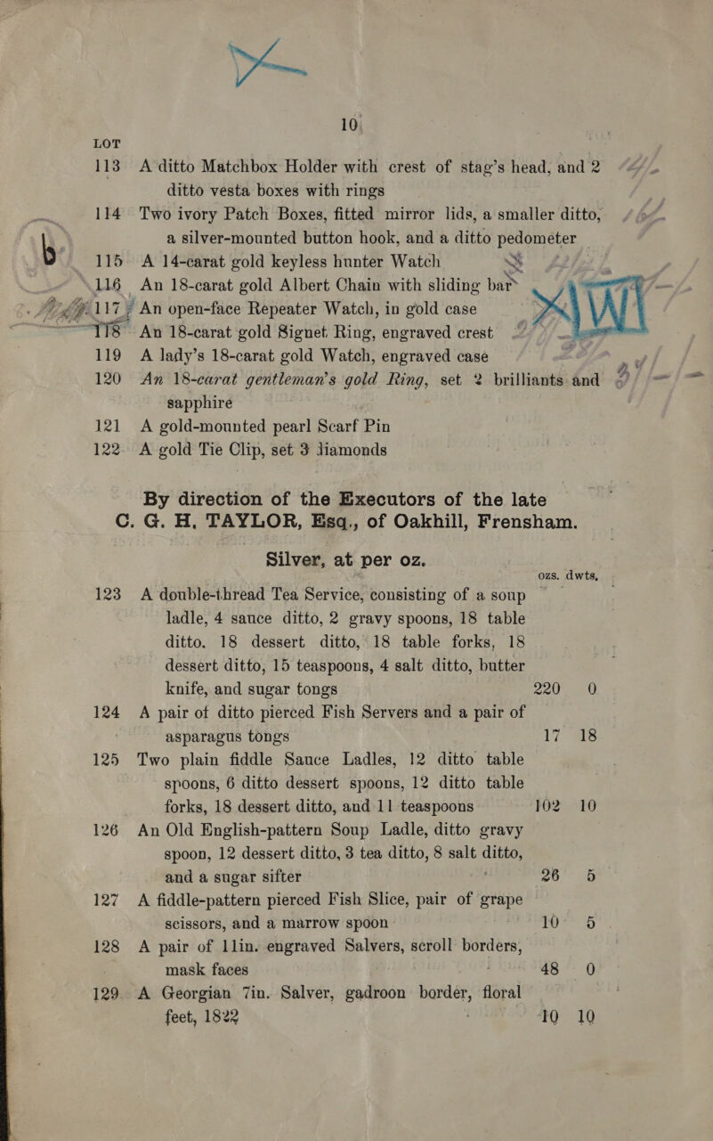 LOT 113 A ditto Matchbox Holder with crest of stag’s head, and 2 ditto vesta boxes with rings 114 Two ivory Patch Boxes, fitted mirror lids, a smaller ditto, a silver-mounted button hook, and a ditto pat rs | 115. A 14-carat gold keyless hunter Watch SS |  119 A lady’s 18-carat gold Watch, engraved case sapphire 121 A gold-mounted pearl Scarf Pin 122. A gold Tie Clip, set 3 Jiamonds By direction of the Executors of the late C. G. H, TAYLOR, Esq., of Oakhill, Frensham. Silver, at per oz. ozs. dwts, 123 A double-ihread Tea Service, consisting of asoup ladle, 4 sauce ditto, 2 gravy spoons, 18 table ditto. 18 dessert ditto, 18 table forks, 18 dessert ditto, 15 teaspoons, 4 salt ditto, butter knife, and sugar tongs 220 0 124 A pair of ditto pierced Fish Servers and a pair of asparagus tongs 17 as 125 Two plain fiddle Sauce Ladles, 12 ditto table - spoons, 6 ditto dessert spoons, 12 ditto table , forks, 18 dessert ditto, and 11 teaspoons 102 10 126 An Old English-pattern Soup Ladle, ditto gravy | spoon, 12 dessert ditto, 3 tea ditto, 8 salt mee and a sugar sifter ot, eee 127 A fiddle-pattern pierced Fish Slice, pair of sere scissors, and a marrow spoon i 128 A pair of llin. engraved Salvers, scroll borders, mask faces 48 0 129. A Georgian 7in. Salver, gadroon border, floral feet, 1822 TS SQ 19