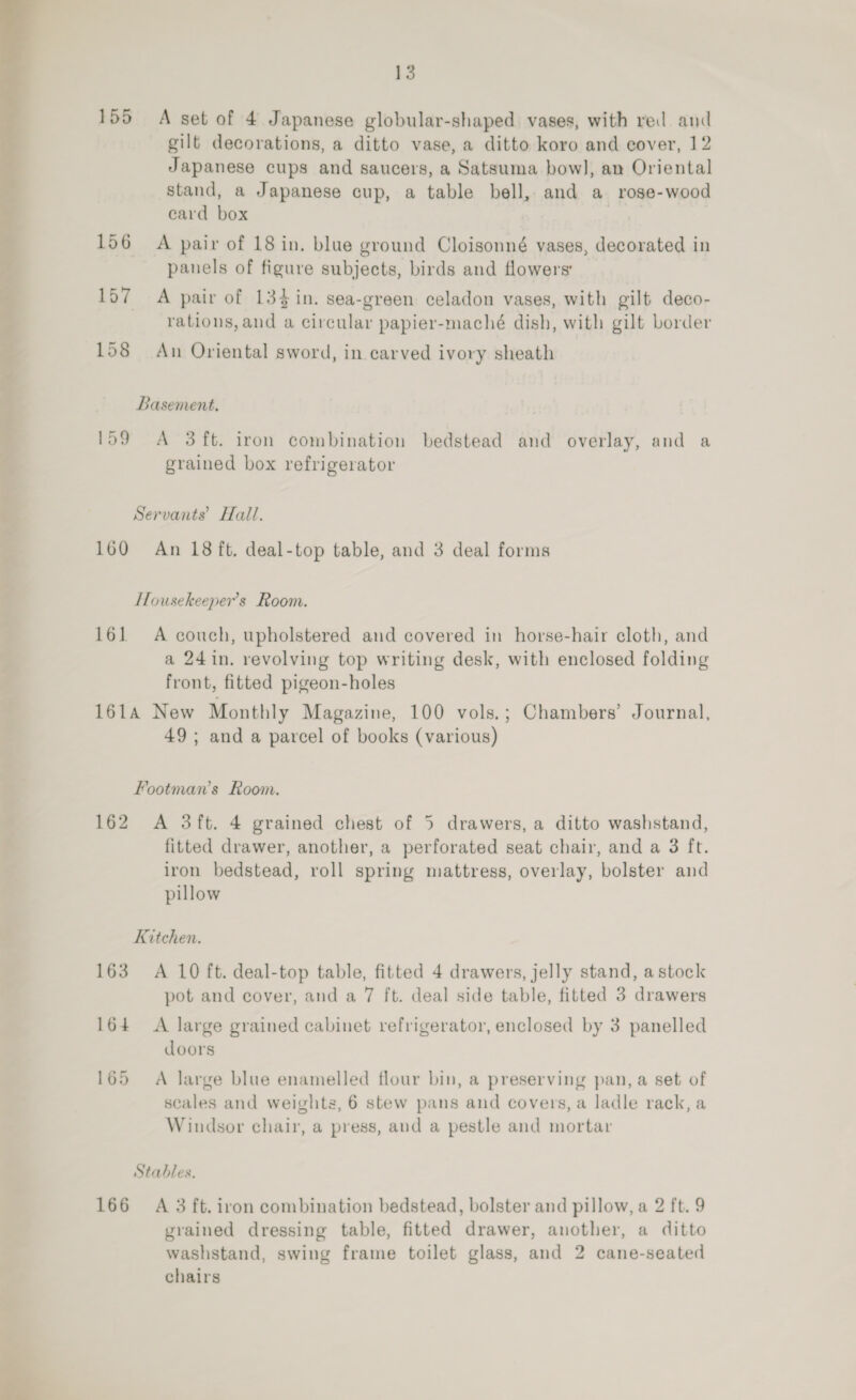  ay rt ee 13 155 A set of 4 Japanese globular-shaped vases, with red and gilt decorations, a ditto vase, a ditto koro and cover, 12 Japanese cups and saucers, a Satsuma bow], an Oriental stand, a Japanese cup, a table bell, and a rose-wood card box 156 A pair of 18 in. blue ground Cloisonné vases, decorated in panels of figure subjects, birds and flowers: 157 A pair of 134 in. sea-green celadon vases, with gilt deco- rations, and a circular papier-maché dish, with gilt border 158 An Oriental sword, in carved ivory sheath Basement. 159 A 3 ft. iron combination bedstead and overlay, and a grained box refrigerator Servants’ Hall. 160 An 18 ft. deal-top table, and 3 deal forms LTousekeeper’s Room. 161 A couch, upholstered and covered in horse-hair cloth, and a 24in. revolving top writing desk, with enclosed folding front, fitted pigeon-holes 161A New Monthly Magazine, 100 vols.; Chambers’ Journal, 49; and a parcel of books (various) Footman’s Room. 162 A 3ft. 4 grained chest of 5 drawers, a ditto washstand, fitted drawer, another, a perforated seat chair, and a 3 ft. iron bedstead, roll spring mattress, overlay, bolster and pillow Kitchen. 163 A 10 ft. deal-top table, fitted 4 drawers, jelly stand, a stock pot and cover, and a 7 ft. deal side table, fitted 3 drawers 164 A large grained cabinet refrigerator, enclosed by 3 panelled doors 165 A large blue enamelled flour bin, a preserving pan, a set of scales and weights, 6 stew pans and covers, a ladle rack, a Windsor chair, a press, and a pestle and mortar Stables. 166 A 3 ft. iron combination bedstead, bolster and pillow, a 2 ft. 9 grained dressing table, fitted drawer, another, a ditto washstand, swing frame toilet glass, and 2 cane-seated chairs