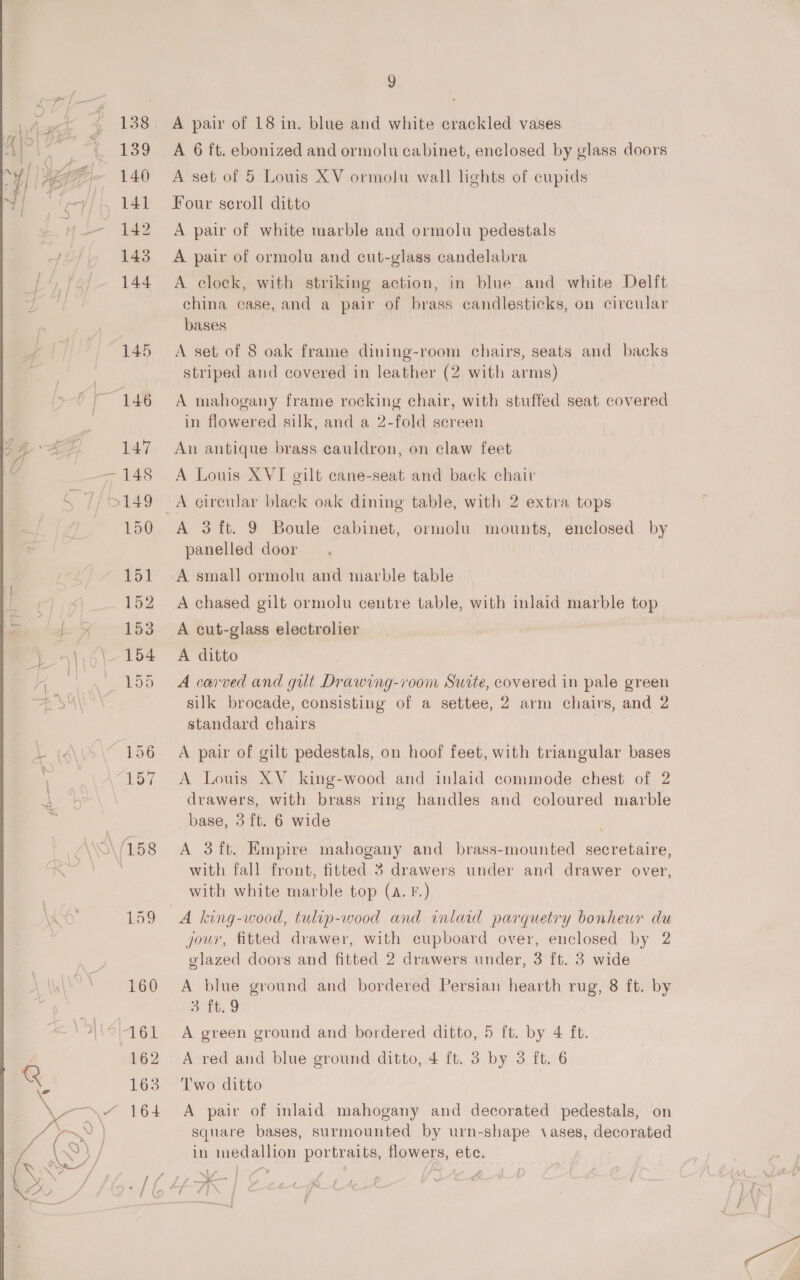  \\\/158 9 A pair of 18 in. blue and white crackled vases A 6 ft. ebonized and ormolu cabinet, enclosed by glass doors A set of 5 Louis XV ormolu wall lights of cupids Four seroll ditto A pair of white marble and ormolu pedestals A pair of ormolu and cut-glass candelabra A clock, with striking action, in blue and white Delft china case, and a pair of brass candlesticks, on circular bases A set of 8 oak frame dining-room chairs, seats and backs striped and covered in leather (2 with arms) A mahogany frame rocking chair, with stuffed seat covered in flowered silk, and a 2-fold screen An antique brass cauldron, on claw feet A Louis XVI gilt cane-seat and back chair A circular black oak dining table, with 2 extra tops A 3 ft. 9 Boule cabinet, ormolu mounts, enclosed by panelled door A small ormolu and marble table A chased gilt ormolu centre table, with inlaid marble top A cut-glass electrolier A ditto A carved and gut Drawing-voom Suite, covered in pale green silk brocade, consisting of a settee, 2 arm chairs, and 2 standard chairs A pair of gilt pedestals, on hoof feet, with triangular bases A Louis XV king-wood and inlaid commode chest of 2 drawers, with brass ring handles and coloured marble base, 3 ft. 6 wide A 3 ft. Empire mahogany and brass-mounted secretaire, with fall front, fitted 3 drawers under and drawer over, with white marble top (a. F.) your, fitted drawer, with cupboard over, enclosed by 2 glazed doors and fitted 2 drawers under, 3 ft. 3 wide A blue ground and bordered Persian hearth rug, 8 ft. by 3 £t.9 A green ground and bordered ditto, 5 ft. by 4 ft. A red and blue ground ditto, 4 ft. 3 by 3 ft. 6 Two ditto A pair of inlaid mahogany and decorated pedestals, on square bases, surmounted by urn-shape vases, decorated in medallion portraits, flowers, etc. UA.