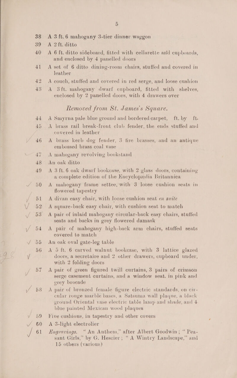  39 45 58 59 60 61 D A 3 ft.6 mahogany 3-tier dinner waggon A 2 ft. ditto A 6 ft. ditto sideboard, fitted with cellarette ard cupboards, and enclosed by 4 panelled doors A set of 6 ditto dining-room chairs, stuffed and covered in leather &gt; couch, stuffed and covered in red serge, and loose cushion A 3ft. mahogany dwarf cupboard, fitted with shelves, enclosed by 2 panelled doors, with 4 drawers over is he Removed from St. James's Square. A Smyrna pale blue ground and bordered carpet, ft. by ft. A brass rail break-front club fender, the ends stuffed and covered in leather A brass kerb dog fender, 3 fire brasses, and an antique embossed brass coal vase A mahogany revolving bookstand An oak ditto A 3 ft.6 oak dwarf bookcase, with 2 glass doors, containing a complete edition of the Encyclopeedia Britannica A mahogany frame settee, with 3 loose cushion seats in flowered tapestry A divan easy chair, with loose cushion seat en swite A square-back easy chair, with cushion seat to mateh A pair of inlaid mahogany circular-back easy chairs, stuffed seats and backs in grey flowered damask A pair of mahogany high-back arm chairs, stuffed seats covered to match An oak oval gate-leg table A oO ft. 6 carved walnut bookcase, with 3 lattice glazed doors, a secretaire and 2 other drawers, cupboard under, with 2 folding doors . A pair of green figured twill curtains, 3 pairs of crimson serge casement curtains, and a window seat, in pink and grey brocade A pair of bronzed female figure electric standards, on eiv- cular rouge marble bases, a Satsuma wall plaque, a black vround Oriental vase electric table Jamp and shade, and 4 blue painted Mexican wood plaques Five cushions, in tapestry and other covers A 3-light electrolier Hngravings. “ An Anthem,” after Albert Goodwin ; “ Pea- sant Girls,’ by G. Hescier; “ A Wintry Landscape,” aid