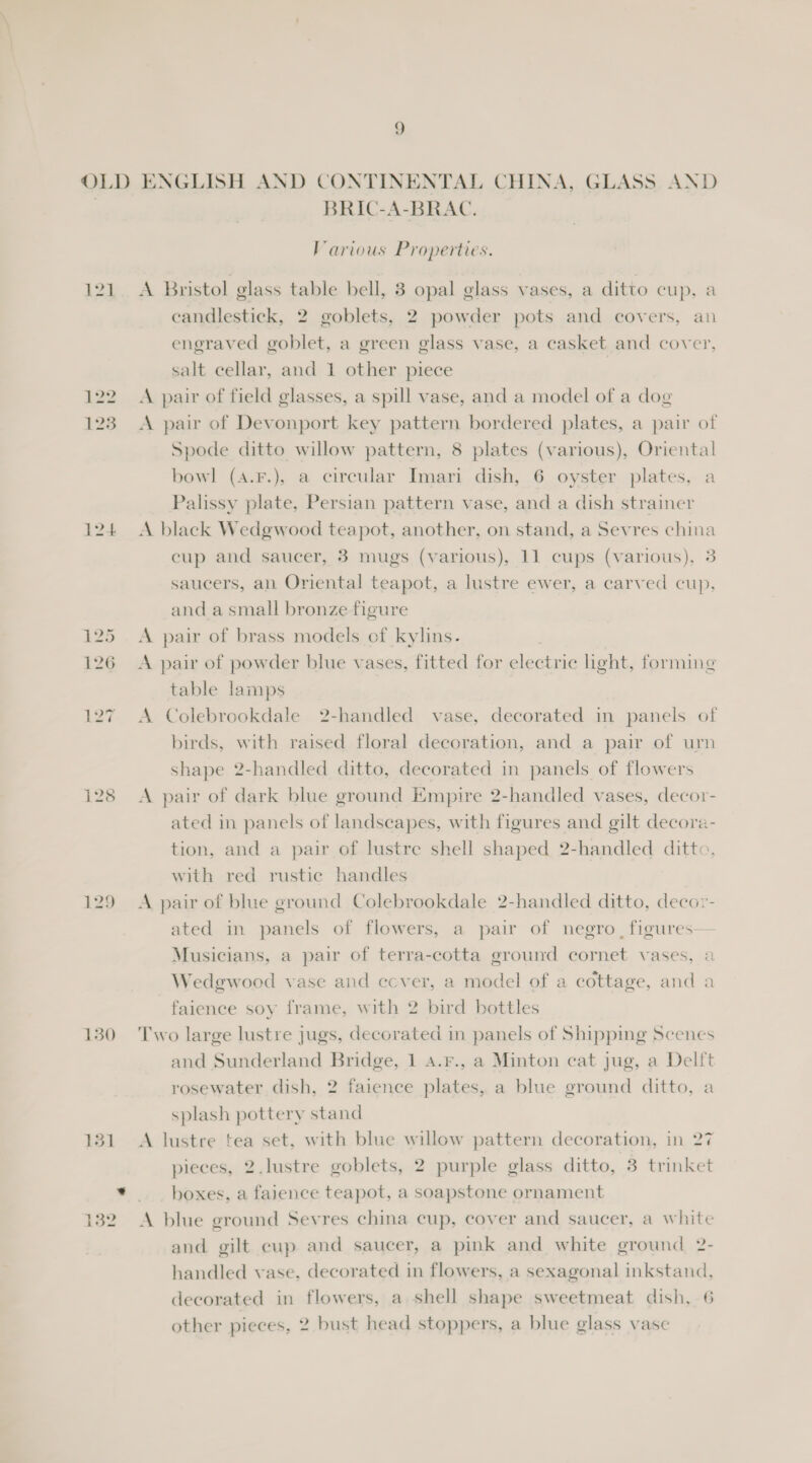 OLD ENGLISH AND CONTINENTAL CHINA, GLASS AND | BRIC-A-BRAC. Various Properties. 121. A Bristol glass table bell, 3 opal glass vases, a ditto cup, a candlestick, 2 goblets, 2 powder pots and covers, an engraved goblet, a green glass vase, a casket and cover, salt cellar, and 1 other piece 122 A pair of field glasses, a spill vase, and a model of a dog 123 A pair of Devonport key pattern bordered plates, a pair of Spode ditto willow pattern, 8 plates (various), Oriental bowl (a.F.), a circular Imari dish, 6 oyster plates, a Palissy plate, Persian pattern vase, and a dish strainer 124 A black Wedgwood teapot, another, on stand, a Sevres china cup and saucer, 38 mugs (various), 11 cups (various), 3 saucers, an Oriental teapot, a lustre ewer, a carved cup, and a small bronze figure 125. A pair of brass models of kylins. | 126 A pair of powder blue vases, fitted for electric light, forming table lamps 127 A Colebrookdale 2-handled vase, decorated in panels of birds, with raised floral decoration, and a pair of urn shape 2-handled ditto, decorated in panels of flowers 128 &lt;A pair of dark blue ground Empire 2-handled vases, decor- ated in panels of landscapes, with figures and gilt decora- tion, and a pair of lustre shell shaped 2-handled ditto, with red rustic handles 129 A pair of blue ground Colebrookdale 2-handled ditto, decor- ated in panels of flowers, a pair of negro, figures— Musicians, a pair of terra-cotta ground cornet vases, 2 Wedgwood vase and ccver, a model of a cottage, and a faience soy frame, with 2 bird bottles 130 Two large lustre jugs, decorated in panels of Shipping Scenes and Sunderland Bridge, 1 A.F., a Minton cat jug, a Delft rosewater dish, 2 faience plates, a blue ground ditto, a splash pottery stand 131 &lt;A lustre tea set, with blue willow pattern decoration, in 27 pieces, 2.lustre goblets, 2 purple glass ditto, 3 trinket * boxes, a faience teapot, a soapstone ornament 132 A blue ground Sevres china cup, cover and saucer, a white and gilt cup and saucer, a pink and white ground 2- handled vase, decorated in flowers, a sexagonal inkstand, decorated in flowers, a shell shape sweetmeat dish, 6 other pieces, 2 bust head stoppers, a blue glass vase