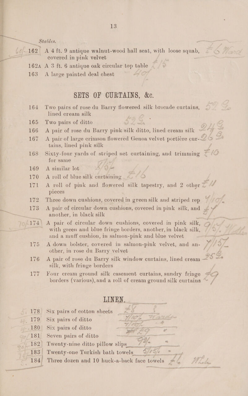 162A 163 176 Lit 13 A 4 ft. 9 antique walnut-wood hall seat, with loose squab, covered in pink velvet A 3 ft. 6 antique oak circular top oe A large painted deal chest SETS OF CURTAINS, &amp;c. Two pairs of rose du Barry flowered silk brocade curtains, lined cream silk Two pairs of ditto A pair of rose du Barry pink silk ditto, lined cream silk tains, lined pink silk Sixty-four yards of striped net curtaining, and trimming for same A similar tot - A roll of blue silk curtaining pieces Three down cushions, covered in green silk and striped rep another, in black silk A pair of circular down cushions, covered in pink silk, with green and blue fringe borders, another, in black silk, and a muff cushion, in salmon-pink and blue velvet other, in rose du Barry velvet silk, with fringe borders Four cream ground silk casement curtains, sundry fringe borders (various), and a roll of cream ground silk curtains LINEN. Six pairs of cotton sheets Six pairs of ditto Lape Six pairs of ditto oy ; z Seven pairs of ditto Pile y Twenty-nine ditto pillow slips _ ives acta tas ascents one Turkish bath towels _ ean Three dozen and 10 huck-a-back fans. towels \/