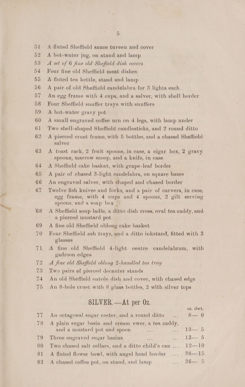 62 A fluted Sheffield sauce tureen and cover A hot-water jug, on stand and lamp A set of 6 fine old Sheffield dish covers Four fine old Sheffield meat dishes A fluted tea kettle, stand and lamp — A pair of old Sheffield candelabra for 3 lights each An egg frame with 4 cups, and a salver, with shell border Four Sheffield snuffer trays with snuffers | A hot-water gravy pot A small engraved coffee urn on 4 legs, with lamp under Two shell-shaped Sheffield candlesticks, and 2 round ditto A pierced cruet frame, with 5 bottles, and a chased Sheffield salver A toast rack, 2 fruit spoons, In case, a cigar box, ’ gravy spoons, marrow scoop, and a knife, in case A Sheffield cake basket, with grape-leaf border A pair of chased 3-light candelabra, on square bases An engraved salver, with shaped and chased border Twelve fish knives and forks, and a pair of carvers, in case, egg frame, with 4 cups and 4 spoons, 2 gilt serving spoons, and a soap box A Sheffield soup ladle, a ditto dish cross, oval tea caddy, and a pierced mustard pot A fine old Sheffield oblong cake basket Four Sheftield ash trays, and a ditto inkstand, fitted with 3 glasses A fine old Sheffield 4- Hanh centre candelabrum, with gadroon edges A fine old Sheffield oblong 2- Datdta tea tray Two pairs of pierced decanter stands An old Sheffield entrée dish and cover, with chased edge An 8-hole cruet with 8 glass bottles, 2 with silver tops SILVER.—At per Oz. oz. dwt. An octagonal sugar easter, and a round ditto ... © 8— 0 A plain sugar basin and cream ewer, a tea caddy, and a mustard pot and spoon  Three engraved sugar basins oe Be aes Two chased salt cellars, and a ditto child’ scan... 12—10 A fluted flower bowl, with angel head border... 38—1od A chased coffee pot, on stand, and lamp ... d86-—- 5