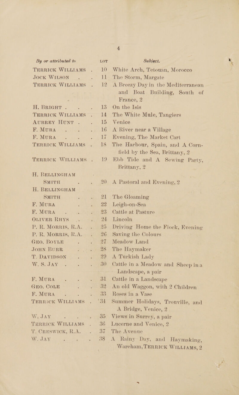 TERRICK WILLIAMS JOCK WILSON TERRICK WILLIAMS H. BRIGHT . TERRICK WILLIAMS AUBREY HUNT F. MURA F. MURA TERRICK WILLIAMS TERRICK \WILLTAMS H. BELLINGHAM SMITH : H. BELLINGHAM SMITH F. MURA F. MURA OLIVER RHYS P. R. MORRIS, R.A. P. R. MORRIS, R.A. GEO. BOYLE JOHN BURR T.. DAVIDSON W. Sad RY F. MURA GEO. COLE F. MURA : TERRICK WILLIAMS WiJAY ‘ ‘EHRRICK WILLIAMS T. CRESWIOCK, R.A. Wo Ay 10 11 12 13 DO WS: OO 9 ou i ©o (OSE ING San NS) Cm GO =] Gd _ — ae White Arch, Tetouan, Morocco The Storm, Margate A Breezy Day in the Mediterranean and Boat Building, South of France, 2 On the Isis The White Mule, Tangiers Venice A River near a Village Evening, The Market Cart The Harbour, Spain, and A Corn- field by the Sea, Brittany, 2 Kbb Tide and A Sewing Party, Brittany, 2 A Pastoral and Evening, 2 The Gloaming Leigh-on-Sea Cattle at Pasture Lincoln Driving Home the Flock, Evening Saving the Colours Meadow Land The Haymaker A Turkish Lady Cattle in a Meadow and Sheep ina Landscape, a pair Cattle in a Landscape An old Waggon, with 2 Children Roses in a Vase Summer Holidays, Trouville, and A Bridge, Venice, 2 Views in Surrey, a pair Lucerne and Venice, 2. The Avenue A Rainy~ Day, and Haymaking, Wareham, TERRICK WILLIAMS, 2