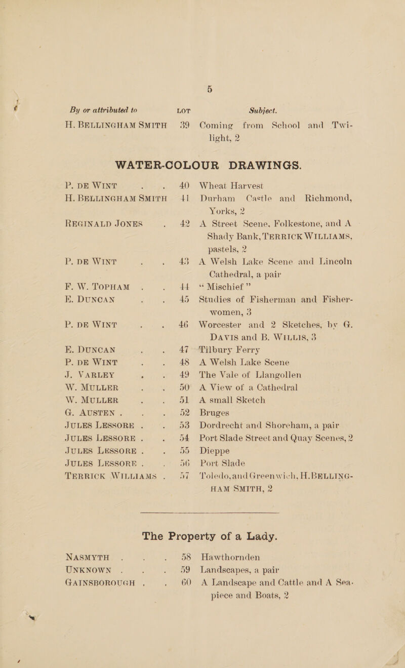 H. BELLINGHAM SMITH 39 Coming from School and Twi- light, 2 WATER-COLOUR DRAWINGS. P. DE WINT ; . 40 Wheat Harvest H. BELLINGHAM SMITH 41 Durham Castle and Richmond, Yorks, 2 REGINALD JONES . 42 A Street Scene, Folkestone, and A Shady Bank, TERRICK WILLIAMS, pastels, 2 P. DE WINT : . 43 A Welsh Lake Scene and Lincoln Cathedral, a pair PP. W..TORHAM ~ . 44 “ Mischief ” EK. DUNCAN . 45 Studies of Fisherman and Fisher- women, 3 P. DE WINT : . 46 Worcester and 2 Sketches, by G. DAVIS and B. WILLIS, 3 K. DUNCAN . 4A --Pilbary Ferry P. DE WINT : . 48 A Welsh Lake Scene J. VARLEY ; . 49 The Vale of Llangollen W. MULLER . oO A View of a Cathedral W. MULLER . . dl A small Sketch G. AUSTEN . . o2 Bruges JULES LESSORE . . 93 Dordrecht and Shoreham, a pair JULES LESSORE . . oO4 Port Slade Street and Quay Scenes, 2 JULES LESSORE . . ov Dieppe . JULES LESSORE . “+ 96 Port: Blade TERRICK WILLIAMS . 9/ ‘Toledo,andGreenwich, H. BELLING- HAM SMITH, 2  The Property of a Lady. NASMYTH . . 08 Hawthornden UNKNOWN . . 09 Landscapes, a pair GAINSBOROUGH , . 60 A Landscape and Cattle and A Sea.