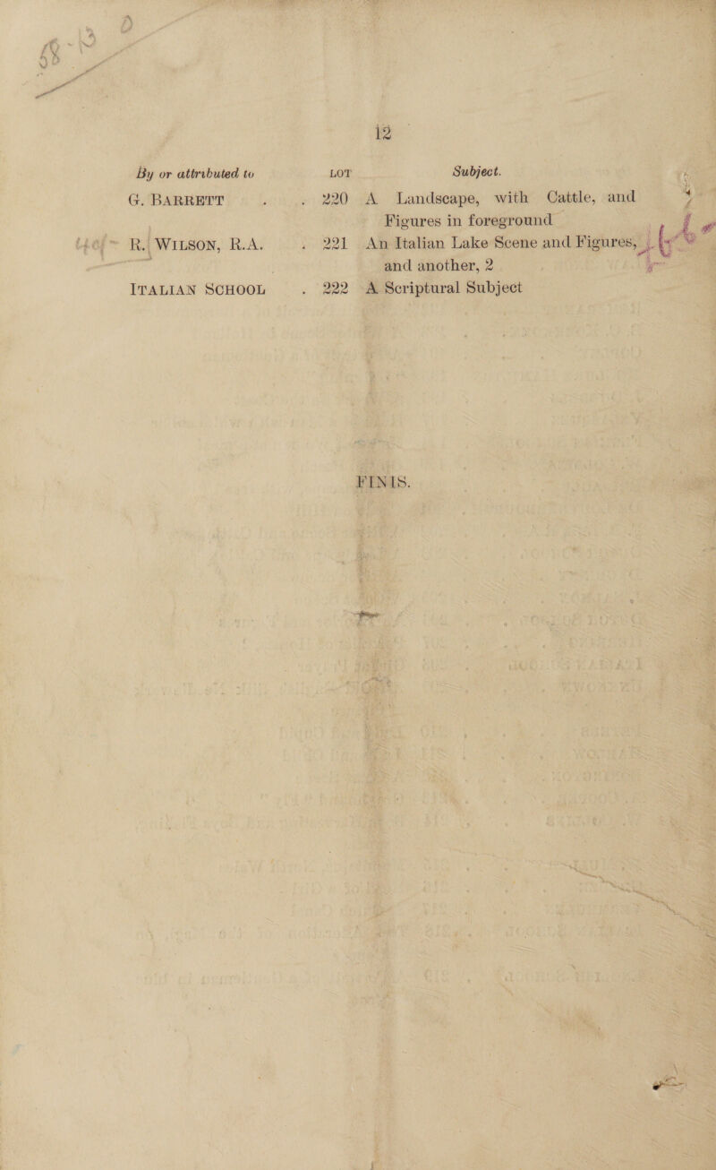 Pe By or attributed to G. BARRETT R.| WILSON, R.A. 12 LOT Subject. ‘ 220 A Landscape, with Cattle, and y Figures in foreground © : 221 An Italian Lake Scene and Figures, a <* . and another, 2 | yee 222 A Scriptural Subject  FINIS.