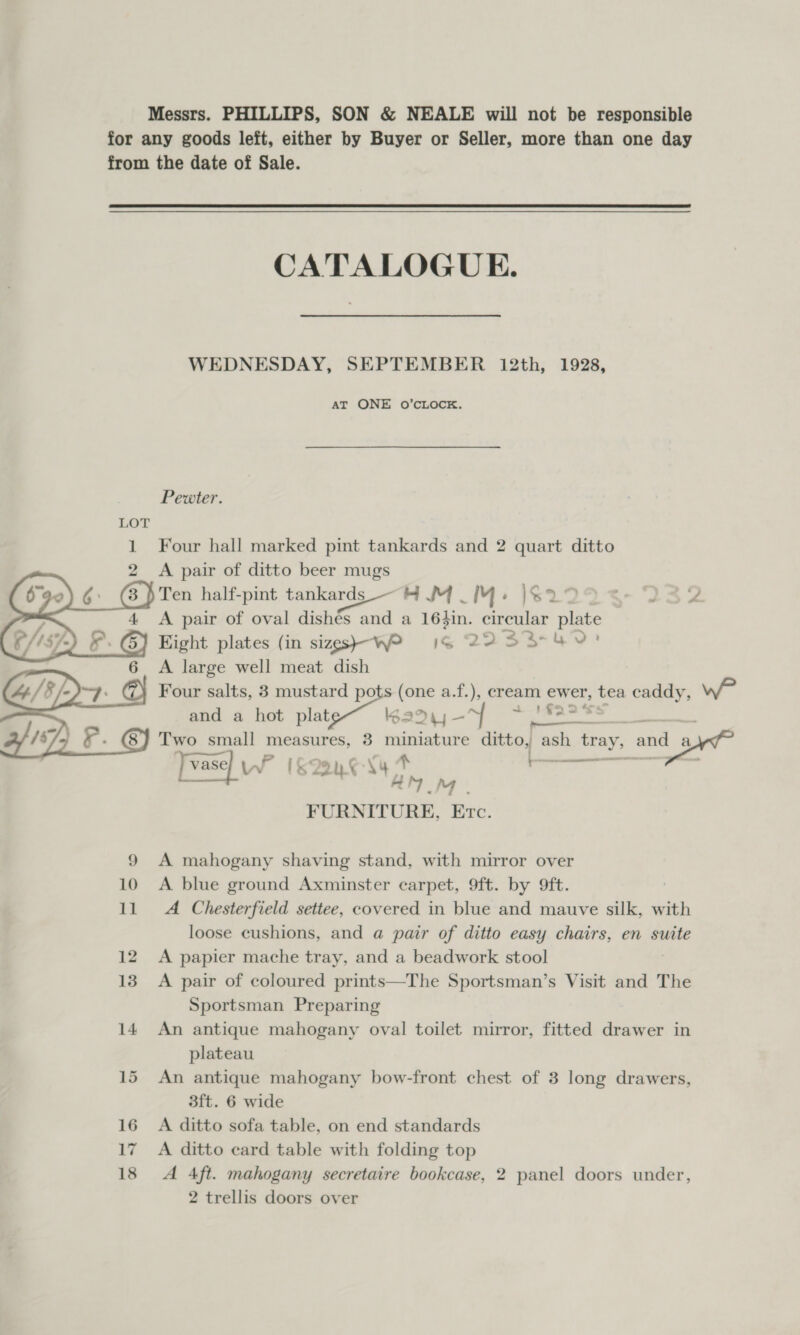 Messrs. PHILLIPS, SON &amp; NEALE will not be responsible for any goods left, either by Buyer or Seller, more than one day from the date of Sale.  CATALOGUE. WEDNESDAY, SEPTEMBER 12th, 1928, AT ONE O’CLOCK. Pewter. LOT 1 Four hall marked pint tankards and 2 quart ditto 2 &lt;A pair of ditto beer mugs ) Ten half-pint tankards bj eek iy $299 2- 232  . G) Eight plates (in sizes}-W? 1G ZDBSBYD! A large well meat dish Four salts, 8 mustard pots (one a.f.), cream ewer, tea caddy, WwW and a hot -egeee 5-5 ee Two small measures, 3 miniature ditto, ae} tray, and lowe t- i ae a vase) LT [k&lt; ut M4 dy sii cen rersa art FURNITURE, Etc. 9 A mahogany shaving stand, with mirror over 10 A blue ground Axminster carpet, 9ft. by 9ft. 11 A Chesterfield settee, covered in blue and mauve silk, with loose cushions, and a pair of ditto easy chairs, en suite 12 &lt;A papier mache tray, and a beadwork stool 13 A pair of coloured prints—The Sportsman’s Visit and The Sportsman Preparing 14 An antique mahogany oval toilet mirror, fitted drawer in plateau 15 An antique mahogany bow-front chest of 3 long drawers, 3ft. 6 wide 16 A ditto sofa table, on end standards 17 A ditto card table with folding top 18 A Aft. mahogany secretaire bookcase, 2 panel doors under,
