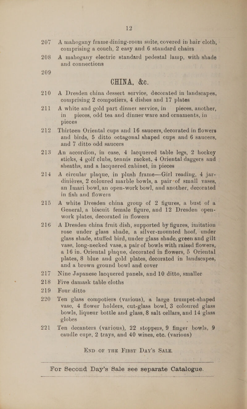 207 208 209 210 211 212 213 214 215 216 217 218 219 220 221 12 A mahogany frame dining-room suite, covered in hair cloth, comprising a couch, 2 easy and 6 standard chairs A mahogany electric standard pedestal lamp, with shade and connections CHINA, &amp;e. A Dresden china dessert service, decorated in landscapes, comprising 2 compotiers, 4 dishes and 17 plates A white and gold part dinner service, in pieces, another, in pieces, odd tea and dinner ware and ornaments, in pleces Thirteen Oriental cups and 16 saucers, decorated in flowers and birds, 5 ditto octagonal shaped cups and 6 saucers, and 7 ditto odd saucers An accordion, in case, 4 lacquered table legs, 2 hockey sticks, 4 golf clubs, tennis racket, 4 Oriental daggers and sheaths, and a lacquered cabinet, in pieces A circular plaque, in plush frame—Girl reading, 4 jar- diniéres, 2 coloured marble bowls, a pair-of small vases, an Imari bowl, an open-work bowl, and another, decorated in fish and flowers A white Dresden china group of 2 figures, a bust of a General, a biscuit female figure, and 12 Dresden open- work plates, decorated in flowers A Dresden china fruit dish, supported by figures, imitation rose under glass shade, a silver-mounted hoof, under glass shade, stuffed bird, under glass shade, green and gilt vase, long-necked vase, a pair of bowls with raised flowers, a 16 in. Oriental plaque, decorated in flowers, 5 Oriental plates, 8 blue and gold plates, decorated in landscapes, and a brown ground bow] and cover Nine Japanese lacquered panels, and 10 ditto, smaller Five damask table cloths Four ditto Ten glass compotiers (various), a large trumpet-shaped vase, 4 flower holders, cut-glass bow], 3 coloured glass bowls, liqueur bottle and glass, 8 salt cellars, and 14 glass globes . ‘Ten decanters (various), 22 stoppers, 9 finger bowls, 9 caudle cups, 2 trays, and 40 wines, etc. (various) END OF THE First Day’s SALR.    ~ — - — -_—.