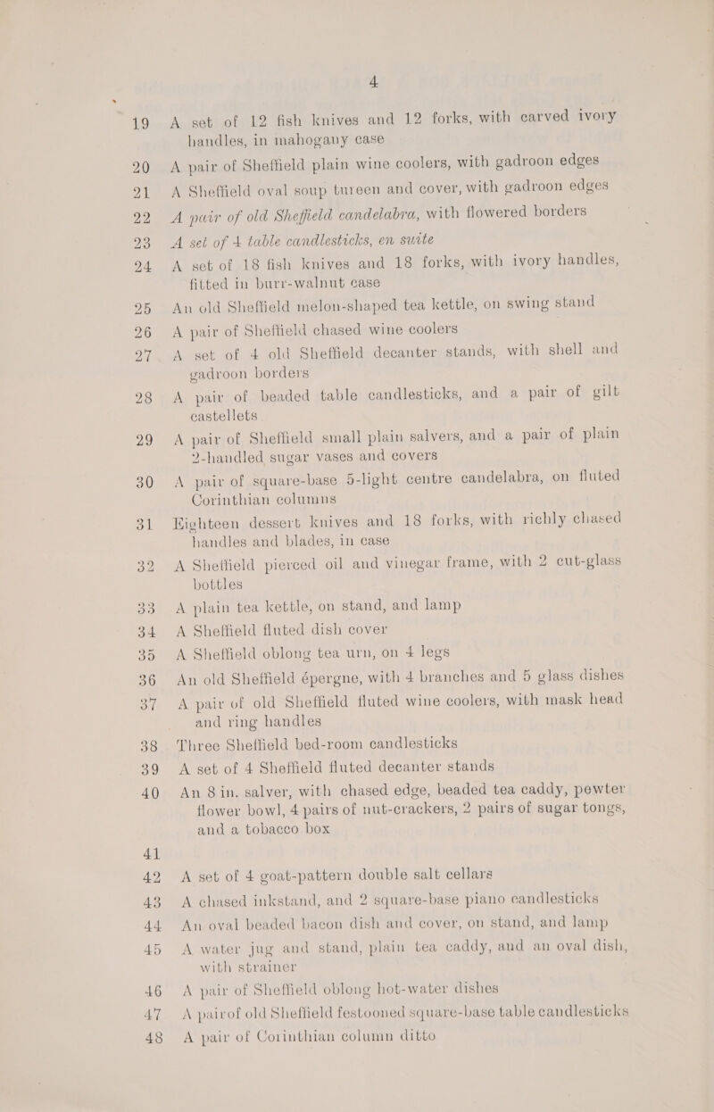 21 23 og 48 | A set of 12 fish knives and 12 forks, with carved ivory handles, in mahogany case A pair of Sheffield plain wine coolers, with gadroon edges A Sheffield oval soup tureen and cover, with gadroon edges A puir of old Sheffield candelabra, with flowered borders A set of + table candlesticks, en swite A set of 18 fish knives and 18 forks, with ivory handles, fitted in burr-walnut case An old Sheftield melon-shaped tea kettle, on swing stand A pair of Sheffield chased wine coolers | A set of 4 old Sheffield decanter stands, with shell and gadroon borders A pair of beaded table candlesticks, and a pair of gilt castellets A pair of Sheffield small plain salvers, and a pair of plain 2-handled sugar vases and covers A pair of square-base 5-light centre candelabra, on fluted Corinthian columns Highteen dessert knives and 18 forks, with richly chased handles and blades, in case A Sheffield pierced oil and vinegar frame, with 2 cut-glass bottles A plain tea kettle, on stand, and lamp A Sheffield fluted dish cover A Sheffield oblong tea urn, on 4 legs An old Sheffield épergne, with 4 branches and 5 glass dishes A pair of old Sheffield fluted wine coolers, with mask head and ving handles Three Sheffield bed-room candlesticks A set of 4 Sheffield fluted decanter stands An 8 in. salver, with chased edge, beaded tea caddy, pewter flower bow], 4 pairs of nut-crackers, 2 pairs of sugar tongs, and a tobacco box A set of 4 goat-pattern double salt cellars A chased inkstand, and 2 square-base piano candlesticks An oval beaded bacon dish and cover, on stand, and lamp A water jug and stand, plain tea caddy, and an oval dish, with strainer A pair of Sheffield oblong hot-water dishes A pairof old Sheffield festooned square-base table candlesticks A pair of Corinthian column ditto