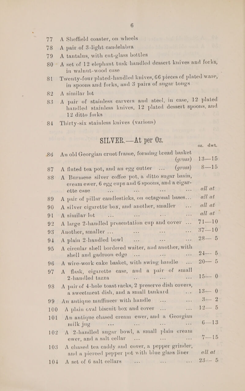 7 A Sheffield coaster, on wheels 78 A pair of 3-light candelabra 79 A tantalus, with cut-glass bottles 80 A set of 12 elephant tusk handled dessert knives and forks, in walnut-wood case 81 Twenty-four plated-handled knives, 66 pieces of plated ware, in spoons and forks, and 3 pairs of sugar tongs 82. A similar lot 83 A pair of stainless carvers and steel, in case, 12 plated handled stainless knives, 12 plated dessert spoons, and 12 ditto forks 84 Thirty-six stainless knives (various) SILVER.—At per 02. 86 An old Georgian cruet frame, forming bread basket (yross) 13—16 87 A fluted tea pot, and an egg cutter... (gross) 8—16 88 A Burmese silver coffee pot, a ditto sugar basin, cream ewer, 6 egy cups and 6 spoons, and a cigar- oz. dwt. ette case iby: td 3 Lae dye OH at 89 A pair of pillar candlesticks, on octagonal bases... all at 90 &lt;A silver cigarette box, and another, smaller 8, Fitahsat 91 A similar lot ot. oe rit altat 92 A large 2-handled presentation cup and cover ... 71—10 93 Another, smaller ... oe ie .. 31—10 94 A plain 2-handled bowl _ ... — wae -28— 5 95 A circular shell bordered waiter, aid another, with shell and gadroon edge... a w. 24-- 5 96 A wire-work cake basket, with swing handle... 20— 5 97 &lt;A flask, cigarette case, and a pair of small 2-handled tazza AN se ... 15— 0 98 &lt;A pairof 4-hole toast racks, 2 preserve dish covers, a sweetimeat dish, and a small tankard aw » LS .0 99 An antique muffineer with handle — ... fs 3— 2 100 A plain oval biscuit box and cover... A DZ 5 101 An antique chased cream ewer, and a Georgian milk jug es I io. we 6 6—18 102. A 2-handled sugar bow], a small plain cream ewer, and a salt cellar... a Bee —LB 103. A chased tea caddy and cover, a pepper grinder, and a pierced pepper pot with blue glass liner all at 104 A set of 6 salt cellars 10, Bn axoituote fa