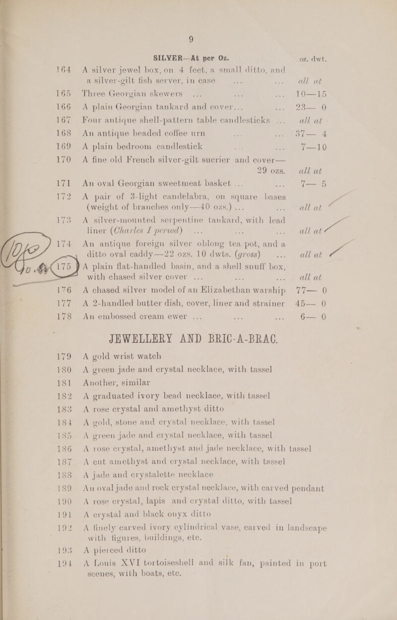 pe 9 Fi SILVER—At per Oz. oz. dwt. : 164 A silver jewel box, on 4 feet, a small ditto, and q a silver-gilt fish server, in case re ae Oe oe 165 Three Georgian skewers... Ji ... 1O—15 ; 166 A plain Georgian tankard and cover... Pet sa) 167 Four antique shell-pattern table candlesticks ... all at - 168 An antique beaded coffee urn ue ws §BI—.4 169 A plain bedroom candlestick ae &lt;i eat 170 +A fine old French silver-gilt suerier and cover— AD O78. “Ole Gt 171 An oval Georgian sweetmeat basket ... .. t= 65 172 A pair of 3-light candelabra, on square bases (weight of branches only—-40 ozs.) ... all at A silver-mounted serpentine tankard, with lead ae liner (Charles I pertod) i | all at An antique foreign silver oblong tea pot, and a ditto oval caddy—22 ozs. 10 dwts. (gross) ... all at i A plain flat-handled basin, and a shell snuff box, with chased silver cover ... ae wore OL a A chased silver model of an Elizabethan warship 77— 0 A 2-handled butter dish, cover, liner and strainer 45— 0  An embossed cream ewer ... ae ee Gn) JEWELLERY AND BRIC-A-BRAC. 179 &lt;A gold wrist watch rou. A green jade and crystal necklace, with tassel 181 Another, similar 182 A graduated ivory bead necklace, with tassel 183 A rose crystal and amethyst ditto | 184 A gold, stone and crystal necklace, with tassel 185 A green jade and erystal necklace, with tassel 186 &lt;A rose crystal, amethyst and jade necklace, with tassel 187 A cut amethyst and crystal necklace, with tassel 188 A jade and crystalette necklace 189 An oval jade and rock crystal necklace, with carved pendant 190 &lt;A rose crystal, lapis and crystal ditto, with tassel 191 A erystal and black onyx ditto 192 A finely carved ivory cylindrical vase, carved in landscape with figures, buildings, ete. 193 A pierced ditto 194 A Louis XVI tortoiseshell and silk fan, painted in port scenes, with boats, etc.