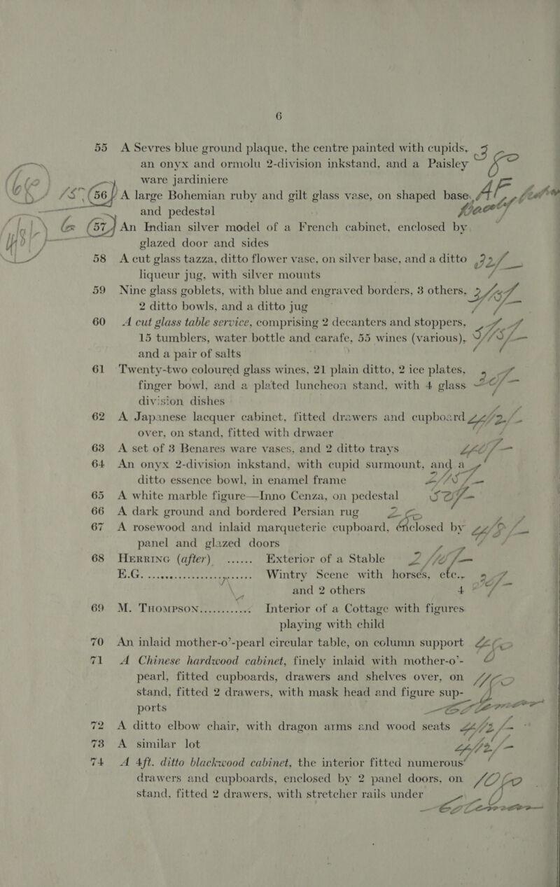 wer ae ee — 6 60 61 62 ware jardiniere and pedestal glazed door and sides liqueur jug, with silver mounts 2 ditto bowls, and a ditto jug and a pair of salts division dishes Vp. Lf over, on stand, fitted with drwaer A set of 3 Benares ware vases, and 2 ditto trays . * oes a ditto essence bowl, in enamel frame kf f foe A white marble figure—Inno Cenza, on pedestal eis) f- A dark ground and bordered Persian rug ye ; oC Pe A rosewood and inlaid marqueterie cupboard, ¢ Roses by. 44&gt; (a panel and glazed doors eis fh te hd Gy! *) Fd HERRING (after) ...... Exterior of a Stable , fhe ba TS GH cusesen te eet ret Wintry Scene with horses, ete 27 J\ a SCL fname WF and 2 others 48) % M. THOMPSON..........+4 Interior of a Cottage with figures playing with child ports 7; o A similar lot Ses stand, fitted 2 drawers, with stretcher rails under Le  