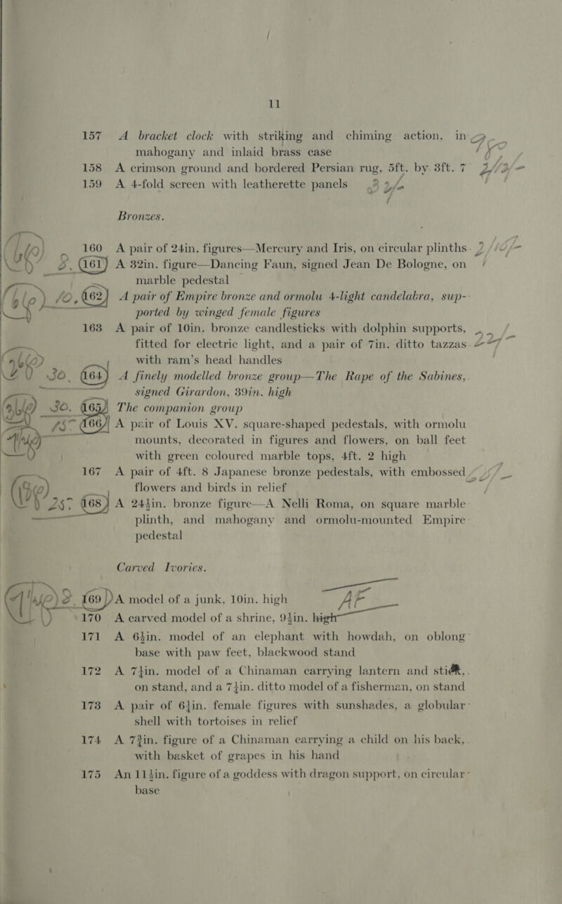 ll 157 A bracket clock with striking and chiming action, in mahogany and inlaid brass case 158 A crimson ground and bordered Persian rug, 5ft. by 3ft. 7 159 A 4-fold screen with leatherette panels .* 2 p  yi? / Bronzes. | a | / _ 160 A pair of 24in. figures—Mercury and Iris, on circular plinths - / \ ; ‘J . : . ~ 3 Vie 2, 61) A 32in. figure—Dancing Faun, signed Jean De Bologne, on |  y. ve . marble pedestal / 5 j »). jo, i 62) A pair of Empire bronze and ormolu 4-light candelabra, sup-- et { : ene ported by winged female figures 163 A pair of 10in. bronze candlesticks with dolphin supports,  YO with ram’s head handles GU 30. A finely modelled bronze group—The Rape of the Sabines, —— signed Girardon, 39in. high (4 ) JO, : The companion group 15 A pair of Louis XV. square-shaped pedestals, with ormolu + wee mounts, decorated in figures and flowers, on ball feet = ? with green coloured marble tops, 4ft. 2 high  : Go wae flowers and birds in relief ‘’ J5, 168) A 244in. bronze figure—A Nelli Roma, on square marble plinth, and mahogany and ormolu-mounted Empire: pedestal Carved Ivories. aaa i, aye ; ll } 2 169 DA model of a junk, 10in. high AF : +170 A carved model of a shrine, 94in. ee 171 A 6hin. model of an elephant with howdah, on oblong: base with paw feet, blackwood stand  172 A 7iin. model of a Chinaman carrying lantern and stid&amp;,. +2 ) on stand, and a 74in. ditto model of a fisherman, on stand 173 A pair of 61in. female figures with sunshades, a globular’ shell with tortoises in relief 174 A 73in. figure of a Chinaman carrying a child on his back, . with basket of grapes in his hand 175 An 11hin. figure of a goddess with dragon support. on circular ° base