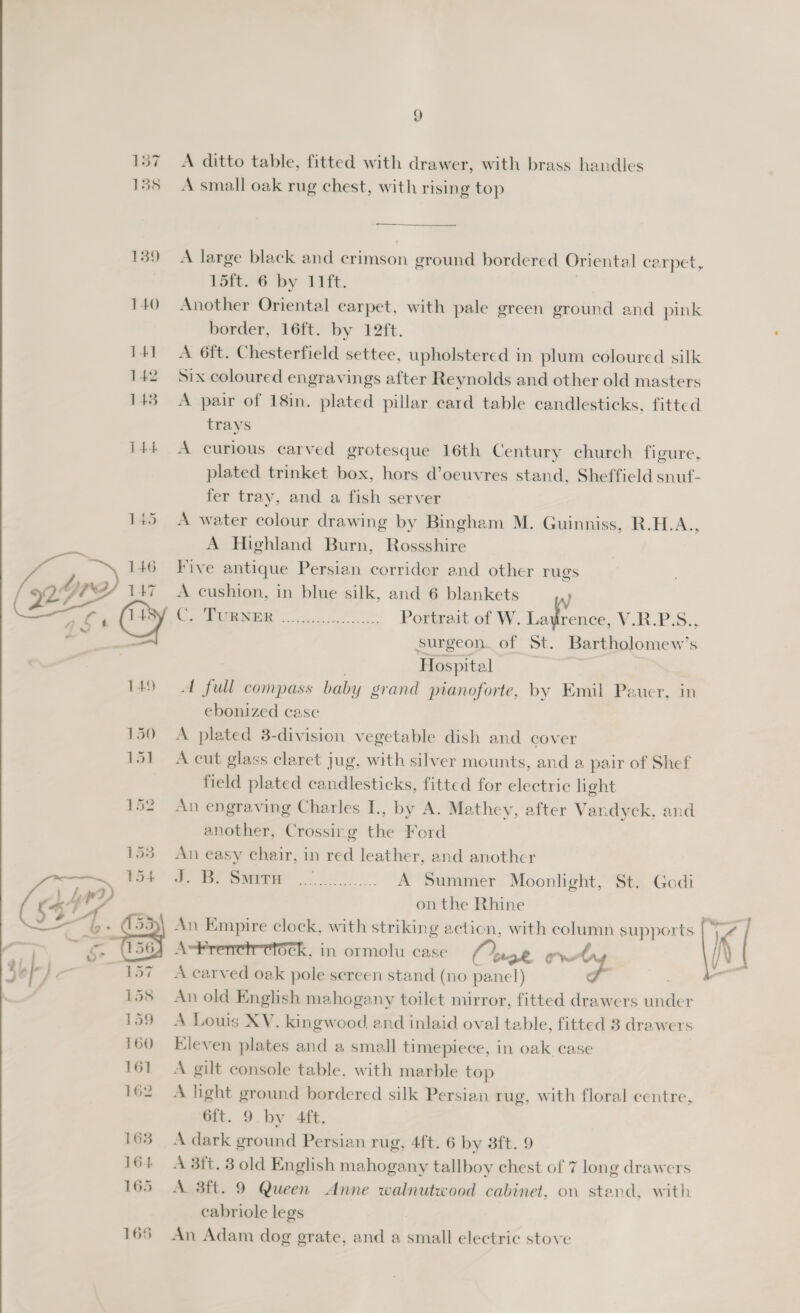 138 139 140  9 A small oak rug chest, with rising top A large black and crimson ground bordered Oriental carpet, 15ft. 6 by 11ft. | Another Oriental carpet, with pale green ground and pink border, 16ft. by 12ft. A 6ft. Chesterfield settee, upholstered in plum coloured silk Six coloured engravings after Reynolds and other old masters A pair of 18in. plated pillar card table candlesticks, fitted trays A curious carved grotesque 16th Century church figure, plated trinket box, hors d’oeuvres stand, Sheffield snuf- fer tray, and a fish server A water colour drawing by Bingham M. Guinniss, R.H.A., A Highland Burn, Rossshire Five antique Persian corridor and other rugs A cushion, in blue silk, and 6 blankets { r Ge 0. i Portrait of W. Lavrence, V.R.P.S., surgeon. of St. Bartholomew’s Hospital A full compass baby grand pianoforte, by Emil Pauer, in ebonized case A plated 3-division vegetable dish and cover A cut glass claret jug, with silver mounts, and a pair of Shef field plated candlesticks, fitted for electric light An engraving Charles I., by A. Mathey, after Vandyck, and another, Crossing the Ford An easy chair, in red leather, and another . a, Bere... A Summer Moonlight, St. Godi on the Rhine An Empire clock, with striking action, with column supports AvFreneirttock, in ormolu case uzge ont A carved oak pole sereen stand (no panel) J An old English mahogany toilet mirror, fitted drawers under A Louis XV. kingwood and inlaid oval table, fitted 3 drawers Eleven plates and a small timepiece, in oak case A gilt console table, with marble top A light ground bordered silk Persian rug, with floral centre, 6f{t. 9 by 4ft, A dark ground Persian rug, 4ft. 6 by 3ft. 9 A 3ft. 3 old English mahogany tallboy chest of 7 long drawers A 3ft. 9 Queen Anne walnutwood cabinet, on stend, with cabriole legs An Adam dog grate, and a small electric stove