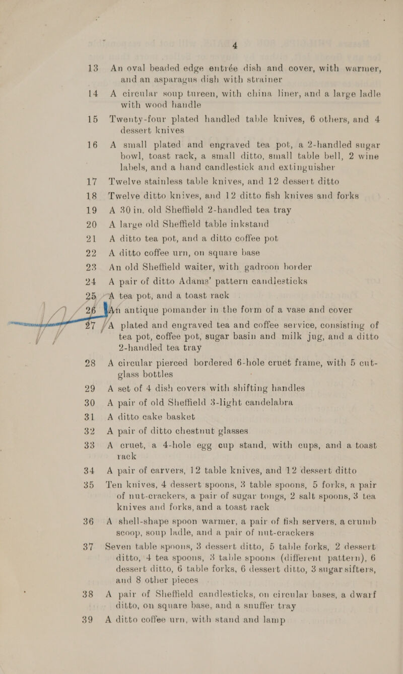 13 An oval beaded edge entrée dish and cover, with warmer, and an asparagus dish with strainer 14 A circular soup tureen, with china liner, and a large ladle with wood handle 15 Twenty-four plated handled table knives, 6 others, and 4 dessert knives 16 A small plated and engraved tea pot, a 2-handled sugar bowl, toast rack, a small ditto, small table bell, 2 wine labels, and a hand candlestick and extinguisher 17 Twelve stainless table knives, and 12 dessert ditto 18 Twelve ditto knives, and 12 ditto fish knives and forks 19 A 30in. old Sheffield 2-handled tea tray 20 A large old Sheffield table inkstand 21 A ditto tea pot, and a ditto coffee pot 22 A ditto coffee urn, on square base 23 An old Sheffield waiter, with gadroon border 24 A pair of ditto Adams’ pattern candlesticks 25 A tea pot, and a toast rack : An antique pomander in the form of a vase and cover  7 IZ plated and engraved tea and coffee service, consisting of tea pot, coffee pot, sugar basin and milk jug, and a ditto 2-handled tea tray 28 A circular pierced bordered 6-hole cruet frame, with 5 eut- glass bottles 29 A set of 4 dish covers with shifting handles 30 A pair of old Sheffield 3-light candelabra 31 A ditto cake basket 32 A pair of ditto chestnut glasses 33 A cruet, a 4-hole egg cup stand, with cups, and a toast rack 34 A pair of carvers, 12 table knives, and 12 dessert ditto 35 Ten knives, 4 dessert spoons, 3 table spoons, 5 forks, a pair of nut-crackers, a pair of sugar tongs, 2 salt spoons, 3 tea knives and forks, and a toast rack 36 A shell-shape spoon warmer, a pair of fish servers, a crumb scoop, soup ladle, and a pair of nut-crackers 37 Seven table spoons, 3 dessert ditto, 5 table forks, 2 dessert ditto, 4 tea spoons, 3 table spoons (different pattern), 6 dessert ditto, 6 table forks, 6 dessert ditto, 3 sugar sifters, and 8 other pieces 38 &lt;A pair of Sheffield candlesticks, on circular bases, a dwarf ditto, on square base, and a snuffer tray 39 A ditto coffee urn, with stand and lamp