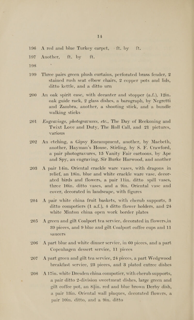 196 LOT 198 199 200 201 202 203 204 205 206 207 208 14 A red and blue Turkey carpet, -ft. by ft. Another, “it. by Tt. * Three pairs green plush curtains, perforated brass fender, 2 stained rush seat elbow chairs, 2 copper pets and lids, ditto kettle, and a ditto urn An oak spirit case, with decanter and stopper (a.f.), 12in. oak guide rack, 2 glass dishes, a barograph, by Negretti and Zambra, another, a shooting stick, and a bundle walking sticks: Engravings, photogracures, etc., The Day of Reckoning and Twixt Love and Duty, The Roll Call, and 21 pictures, various An etching, a Gipsy Encampment, another, by Macbeth, another, Hayman’s House, Stirling, by S. F. Crawford, a pair photogravures, 15 Vanity Fair cartoons, by Ape and Spy, an engraving, Sir Burke Harwood, and another A pair 14in. Oriental crackle ware vases, with dragons in relief, an 18in. blue and white crackle ware vase, decor- ated birds and flowers, a pair llin. ditto spill vases, three 10in. ditto vases, and a 9in. Oriental vase and cover, decorated in landscape, with figures A pair white china fruit baskets, with cherub supports, 3 ditto compotiers (1 a.f.), 4 ditto flower holders, and 24 white Minton china open work border plates A green and gilt Coalport tea service, decorated in flowers,in 39 pieces, and 9 blue and gilt Coalport coffee cups and 11 saucers A part blue and white dinner service, in 60 pieces, and a part Copenhagen dessert service, 11 pieces A part green and gilt tea service, 24 pieces, a part Wedgwood breakfast service, 23 pieces, and 3 plated entree dishes A 17in. white Dresden china compotier, with cherub supports, a pair ditto 2-division sweetmeat dishes, large green and gilt coffee pot, an 84in. red and blue brown Derby dish, a pair 13in. Oriental wall plaques, decorated flowers, a pair 10in. ditto, and a 9in. ditto