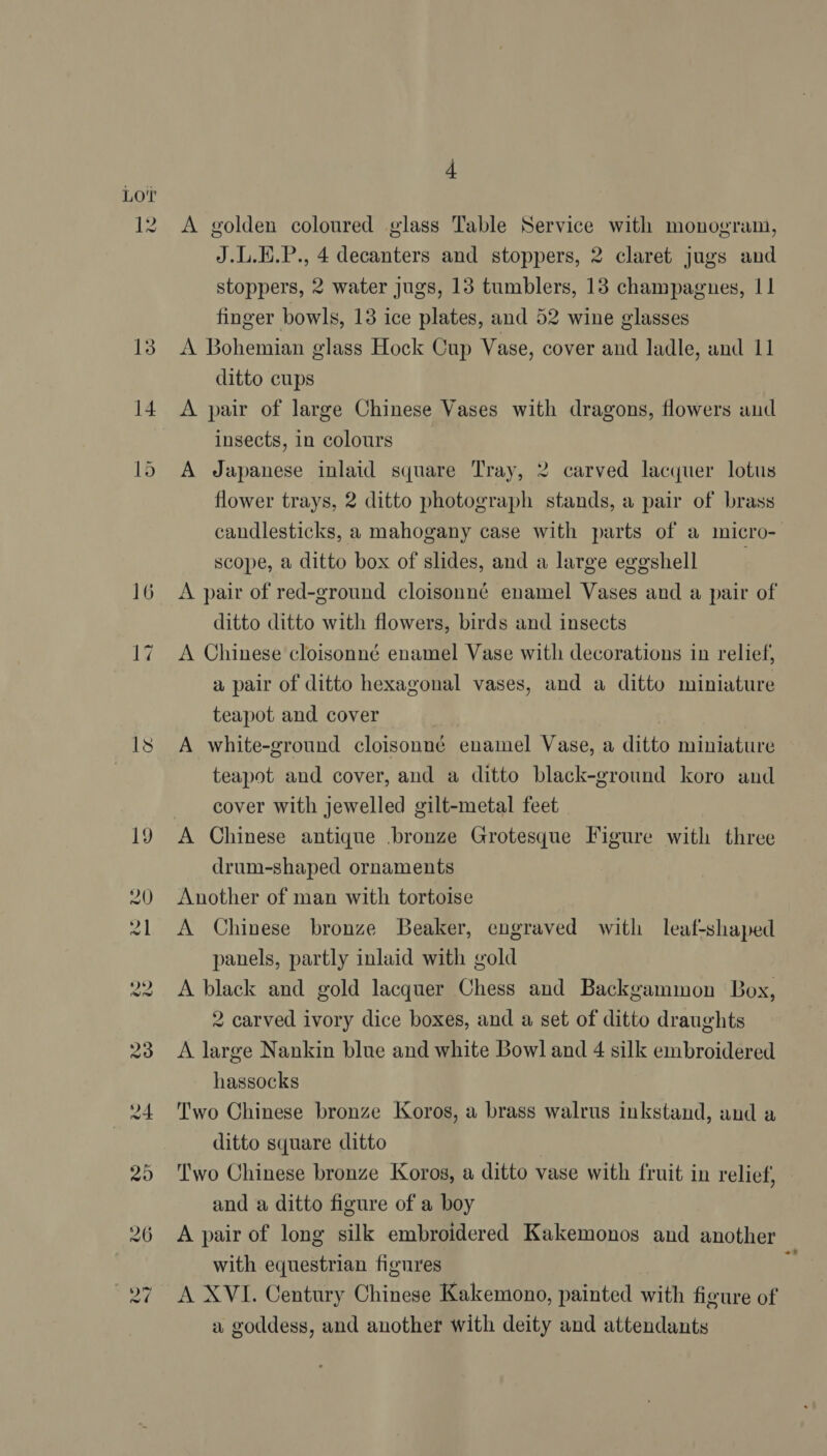 14 16 1s 4 A golden coloured glass Table Service with monogram, J.L.E.P., 4 decanters and stoppers, 2 claret jugs and stoppers, 2 water jugs, 13 tumblers, 13 champagnes, 11 finger bowls, 13 ice plates, and 52 wine glasses ditto cups A pair of large Chinese Vases with dragons, flowers and insects, in colours A Japanese inlaid square Tray, 2 carved lacquer lotus flower trays, 2 ditto photograph stands, a pair of brass scope, a ditto box of slides, and a large eggshell A pair of red-ground cloisonné enamel Vases and a pair of ditto ditto with flowers, birds and insects A Chinese cloisonné enamel Vase with decorations in relief, a pair of ditto hexagonal vases, and a ditto miniature teapot and cover A white-ground cloisonné enamel Vase, a ditto miniature teapot and cover, and a ditto black-ground koro and cover with jewelled gilt-metal feet A Chinese antique bronze Grotesque Figure with three drum-shaped ornaments Another of man with tortoise A Chinese bronze Beaker, engraved with leaf-shaped panels, partly inlaid with gold A black and gold lacquer Chess and Backgammon Box, 2 carved ivory dice boxes, and a set of ditto draughts A large Nankin blue and white Bowl and 4 silk embroidered hassocks Two Chinese bronze Koros, a brass walrus inkstand, and a ditto square ditto and a ditto figure of a boy A pair of long silk embroidered Kakemonos and another with equestrian fignres A XVI. Century Chinese Kakemono, painted with figure of a goddess, and another with deity and attendants