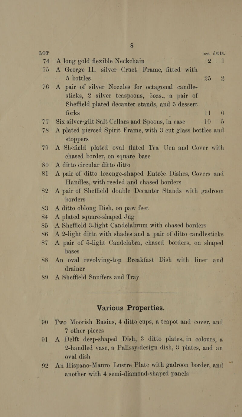 90) 91 92 8 ozs. dwts. A long gold flexible Neckchain Bal A George II. silver Crnet Frame, fitted with 5 bottles 20a A pair of silver Nozzles for octagonal candle- sticks, 2 silver teaspoons, 5ozs., a pair of Sheffield plated decanter stands, and 5 dessert forks Ll 8D Six silver-gilt Salt Cellars and Spoons, in case 107 Bap A plated pierced Spirit Frame, with 3 cut glass bottles and stoppers | A Shefield plated oval fluted Tea Urn and Cover with chased border, on square base A ditto circular ditto ditto A pair of ditto lozenge-shaped Entrée Dishes, Covers and Handles, with reeded and chased borders | A pair of Sheffield double Decanter Stands with gadroon borders A ditto oblong Dish, on paw feet A plated square-shaped Jug A Sheffield 3-light Candelabrum with chased borders A 2-light ditto with shades and a pair of ditto candlesticks A pair of 5-light Candelabra, chased borders, on shaped bases An oval revolving-top Breakfast Dish with liner and drainer A Sheffield Snuffers and Tray  Various Properties. Two Moorish Basins, 4 ditto cups, a teapot and cover, and 7 other pieces A Delft deep-shaped Dish, 3 ditto plates, in colours, a 2-handled vase, a Palissy-design dish, 3 plates, and an oval dish An Hispano-Manro Lustre Plate with gadroon border, and