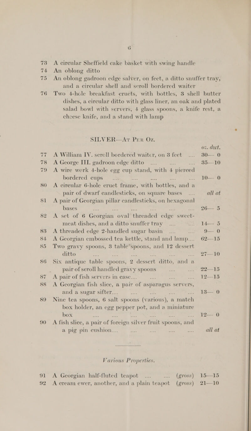 73 7A 73 76 90 wes 92 A circular Sheffield cake basket with swing handle An oblong ditto and a circular shell and scroll bordered waiter cheese knife, and a stand with lamp — SILVER—Ar Per Oz. A William IV. sercll bordered waiter, on 3 feet A George III. gadroon edge ditto A wire work 4-hole egg cup stand, with 4 pierced bordered cups A circular 6-hole cruet fate: ith ottlen: sia a pair of dwarf candlesticks, on square bases A pair of Georgian pillar candlesticks, on hexagonal bases A. Seb OL G Genaerei Pl -ehreaded wale SW eet meat dishes, and a ditto snuffer tray A threaded edge 2-handled sugar basin sed A Georgian embossed tea kettle, stand and lamp.... Two gravy spoons, 3 ay a and 12 dessert ditto Six antique table spoons, 2 ‘deer ait, Bid a pair of scroll handled gravy spoons A pair of fish servers in case... he re fe A Georgian fish slice, a pair of asparagus servers, and a sugar sifter.... oe a ae Nine tea spoons, 6 salt spoons (various), a match box holder, an egg pepper pot, and a miniature box wa ae A fish slice, a pair of een aly ce ene spoons, and @ pig pin cushion.... Various Properties. (2708S) (gross) A Georgian half-fluted teapot A cream ewer, another, and a plain teapot  oz. dwt. au 0 oo-—10 10—*0 all at 26—- 5 14— 5 9— 0 O2-—15 27—10 22—15 12-13 be ) =a) all at 15—15 21—10
