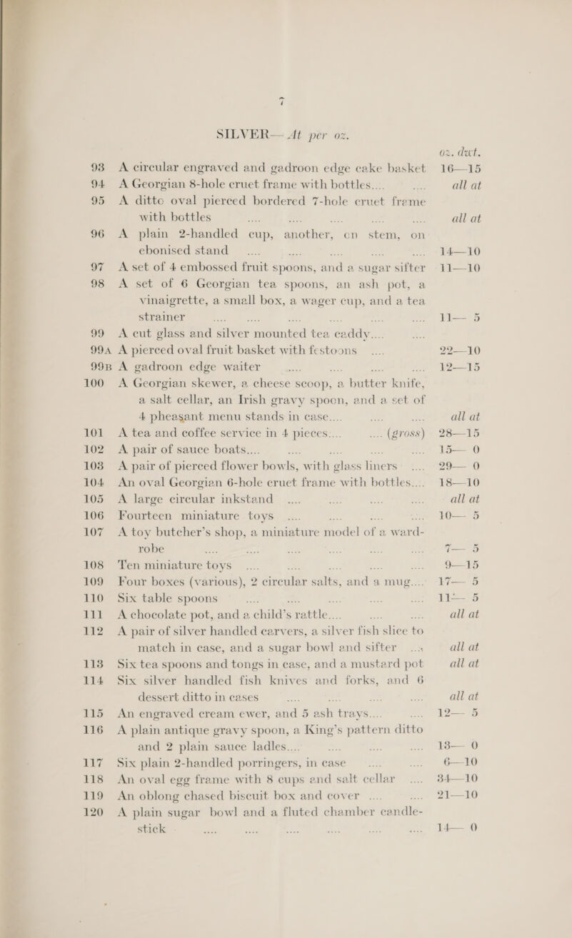   93 94 95 96 U7 98 99 999A 99B 100 101 102 1038 104 105 106 107 108 109 110 111 112 1138 114 115 116 117 118 119 120 ~ SILVER— At per oz. A circular engraved and gadroon edge cake basket A Georgian 8-hole cruet frame with bottles... A ditte oval pierced bordered with bottles A plain 2-handled cup, ebonised stand S. we ne of A set of 4 embossed fruit spoons, and a sugar sifter A set of 6 Georgian tea spoons, an ash pot, a vinaigrette, a small box, a wager cup, and a tea 7-hole cruet freme another, cn stem, on strainer ~~ A cut glass and Give aioe heel tea adie: A pierced oval fruit basket with festoons A gadroon edge waiter f A Georgian skewer, a cheese scoop, a salt cellar, an Irish gravy spoon, a butter knife, 4 pheasant menu stands in case.... ee a. A tea and coffee service in 4 pieces.... .. (gross) A pair of enced flower bowls, w ite ase nae An oval Georgian 6-hole cruet frame with bottles... A large circular inkstand Fourteen miniature toys * A toy butcher’s shop, a miniature model ae a Ww tint robe Ten miniature toys ie ae ne Four boxes (various), 2 circular salts, and a mug.... Six table spoons or A chocolate pot, and a aati S pail. A pair of silver handled carvers, a sf er fish shee Ke match in case, and a sugar bowl and sifter Six tea spoons and tongs in case, and a mustard pot Six silver handled fish knives and forks, and 6 dessert ditto in cases ; An engraved cream ewer, and 5 ‘a es A plain antique gravy spoon, a King’s setter auth and 2 plaim sauce ladles.... Six plain 2-handled porringers, in case An oval egg frame with 8 cups and salt cellar An oblong chased biscuit box and cover . A plain sugar bowl and a fluted chamber bavell. stick oz. dut.    16—15 all at all at 14—10 Li—10 lLl— 5 92-—10 1 all at 28—15 15 O 39— 0 18—10 all at G— 5 Y— 5 9—15 L7— 5 eee all at all at all at all at 13 — 3 13— 0 6—10 34—10 2?1—10 14— 0