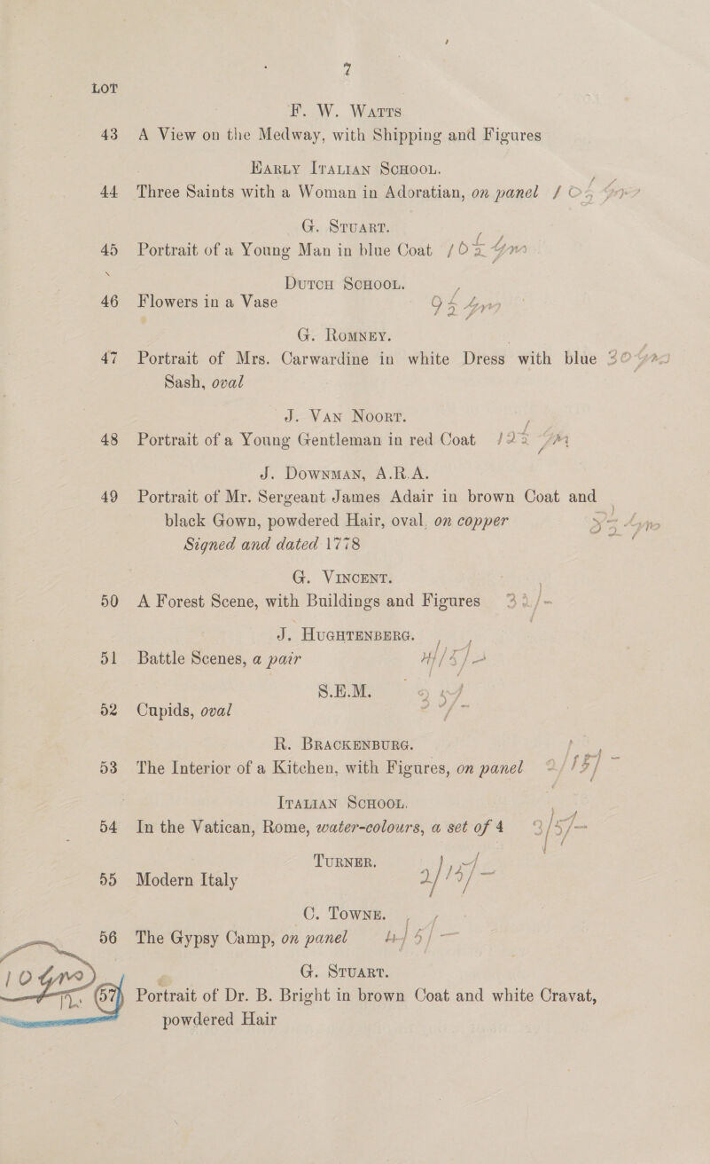 @ LOT Fr. W. Warts 43 A View on the Medway, with Shipping and Figures Haruy Iranian SCHOOL. 4 Three Saints with a Woman in Adoratian, on panel / © FA G. Sruarr. ; 45 Portrait of a Young Man in blue Coat /O02 Ym DutrcH SCHOOL. y 46 Flowers in a Vase 9 a P eA ih Toes by “ G. Romney. Sash, oval J. Van Noort. ; 48 Portrait of a Young Gentleman in red Coat /2% Vig J. Downman, A.R.A. 49 Portrait of Mr. Sergeant James Adair in brown Coat and black Gown, powdered Hair, oval, on copper a Oe Asie Signed and dated 1778 é G. VINCENT. is 50 &lt;A Forest Scene, with Buildings and Figures %2/- J. | HUGHTENBERG. ais 3 51 Battle Scenes, a parr Ht/ 5} d2 Cupids, oval R. BRAcKENBURG. } ae 53 The Interior of a Kitchen, with Figures, on panel +3) ITALIAN SCHOOL. | ae 54 In the Vatican, Rome, water-colours, a set a 4 “4 / 2 a y u TURNER. , 5) Modern Italy 7] C. Towne. The Gypsy Camp, on panel u] 5] a oe ae G. STUART. ; i} Portrait of Dr. B. Bright in brown Coat and white Cravat, powdered Hair 