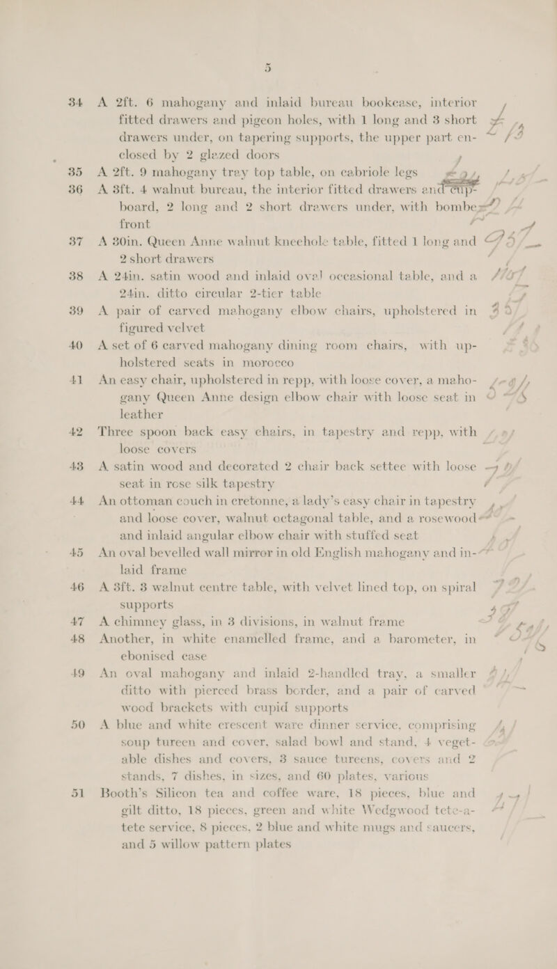 34 35 36 37 38 39 40 4] 42 43 44 or A 2ft. 6 mahogany and inlaid bureau bookease, interior fitted drawers and pigeon holes, with 1 long and 3 short 3% . F fs drawers under, on tapering supports, the upper part en- ~ /-” closed by 2 glezed doors , A 2ft. 9 mahogany tray top table, on cabriole legs as f A. 8ft. 4 walnut bureau, the interior fitted drawers anfearpe ro board, 2 long and 2 short drawers under, with bombe =” ) fh front A 30in. Queen Anne walnut kneehole table, fitted 1 long and 2 short drawers A 24in. satin wood and inlaid ove! occasional table, anda //¢ 24in. ditto circular 2-tier table Sf A pair of carved mahogany elbow chairs, upholstered in 4 9 figured velvet A set of 6 carved mahogany dining room chairs, with up- holstered seats in morocco LA q 5 / An easy chair, upholstered in repp, with loose cover, a maho- gany Queen Anne design elbow chair with loose seat in © “74 leather Three spoon back easy chairs, in tapestry and repp, with + loose covers ; A satin wood and decorated 2 chair back settee with loose — 4/ seat in rose silk tapestry 7 An ottoman couch in cretonne, a lady’s easy chair in tapestry, and loose cover, walnut octagonal table, and a rosewood** = and inlaid angular elbow chair with stuffed seat An oval bevelled wall mirrer in old English mahogany and in-“* — laid frame : A 3ft. 3 walnut centre table, with velvet lined top, on spiral 7) ~ supports 408 A chimney glass, in 3 divisions, in walnut frame ee, L Another, in white enamelled frame, and a barometer, in ~ &lt;—&amp; ebonised case , An oval mahogany and inlaid 2-handled tray, a smaller ditto with pierced brass border, and a pair of carved aan wood brackets with cupid supports A blue and white crescent ware dinner service, comprising f, soup tureen and cover, salad bowl and stand, 4 veget- able dishes and covers, 3 sauce tureens, covers and 2 stands, 7 dishes, in sizes, and 60 plates, various Booth’s Silicon tea and coffee ware, 18 pieces, blue and 4 , gilt ditto, 18 pieces, green and white Wedgwood tete-a- 4 / tete service, 8 pieces, 2 blue and white mugs and saucers,