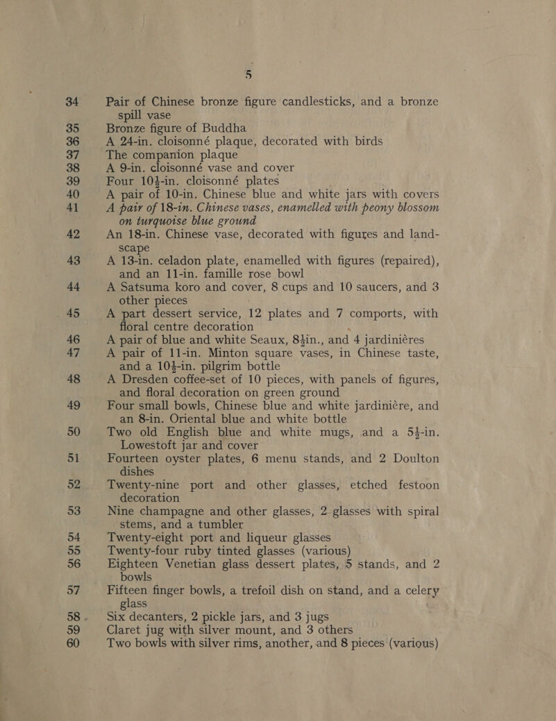 34 39 36 37 38 39 40 41 42 43 44 45 46 47 48 49 50 51 o2 53 54 55 56 57 59 5 Pair of Chinese bronze figure candlesticks, and a bronze spill vase Bronze figure of Buddha A 24-in. cloisonné plaque, decorated with birds The companion plaque A 9-in. cloisonné vase and cover Four 104-in. cloisonné plates A pair of 10-in. Chinese blue and white jars with covers A paw of 18-in. Chinese vases, enamelled with peony blossom on turquoise blue ground An 18-in. Chinese vase, decorated with figures and land- scape A ene celadon plate, enamelled with figures (repaired), and an 11-in. famille rose bowl A Satsuma koro and cover, 8 cups and 10 saucers, and 3 other pieces A part dessert service, 12 plates and 7 comports, with floral centre decoration A pair of blue and white Seaux, 83in., and 4 jardiniéres A pair of 1l-in. Minton square vases, in Chinese taste, and a 104-in. pilgrim bottle A Dresden coffee-set of 10 pieces, with panels of figures, and floral decoration on green ground Four small bowls, Chinese blue and white jardini¢re, and an 8-in. Oriental blue and white bottle Two old English blue and white mugs, and a 54-in. Lowestoft jar and cover Fourteen oyster plates, 6 menu stands, and 2 Doulton dishes Twenty-nine port and other glasses, etched festoon decoration Nine champagne and other glasses, 2 glasses with spiral stems, and a tumbler Twenty-eight port and liqueur glasses Twenty-four ruby tinted glasses (various) Eighteen Venetian glass dessert plates, 5 stands, and 2 bowls Fifteen finger bowls, a trefoil dish on stand, and a celery glass Six decanters, 2 pickle jars, and 3 jugs Claret jug with silver mount, and 3 others