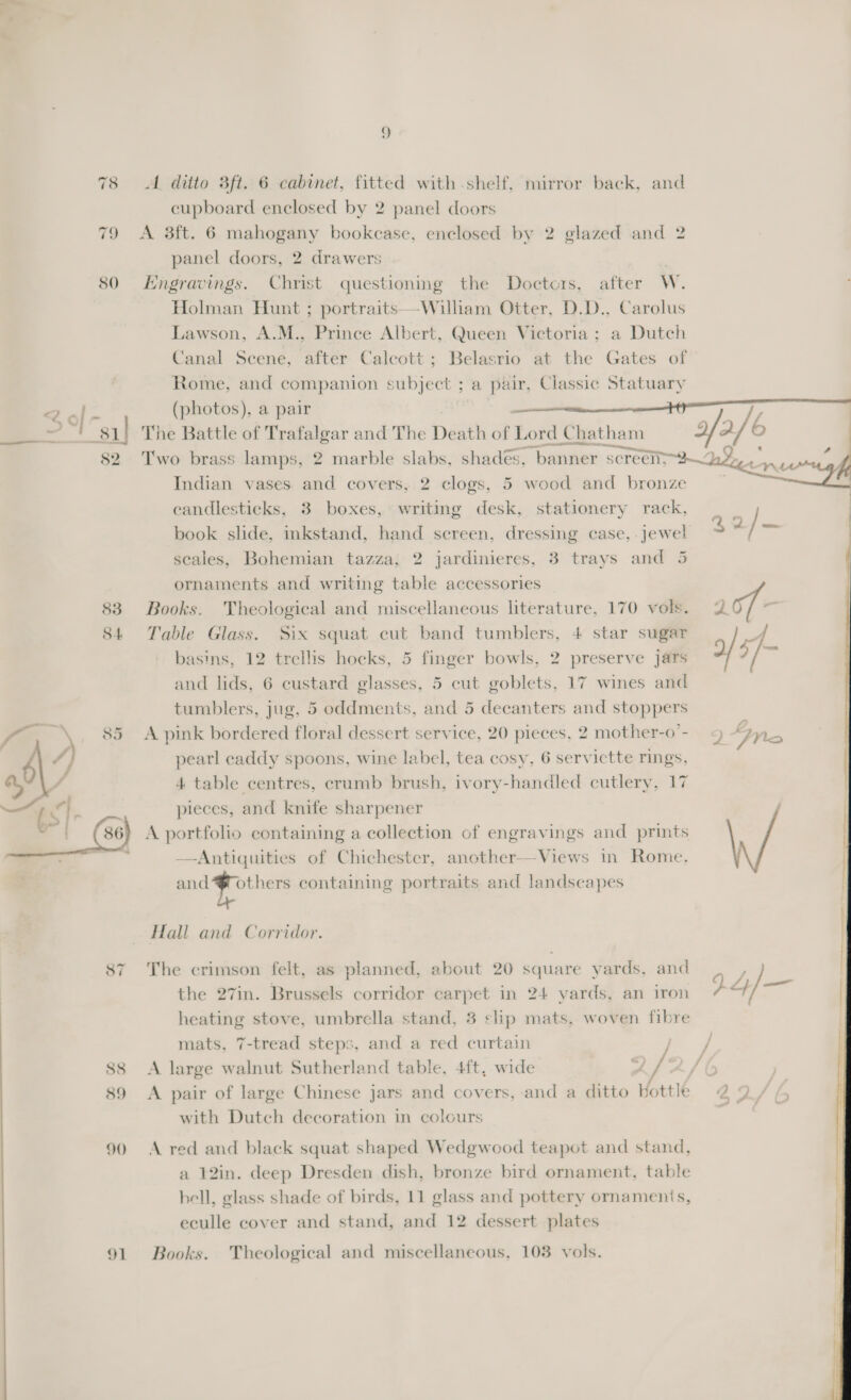 78 A ditto 3ft. 6 cabinet, fitted with shelf, mirror back, and cupboard enclosed by 2 panel doors 79 &lt;A 3ft. 6 mahogany bookcase, enclosed by 2 glazed and 2 panel doors, 2 drawers 80 Engravings. Christ questioning the Doctors, after W. Holman Hunt ; portraits—-William Otter, D.D., Carolus Lawson, A.M., Prince Albert, Queen Victoria ; a Dutch Canal Scene, after Calcott; Belasrio at the Gates of Rome, and companion subject ; a pair, Classic Statuary 2 o| 4 (photos), a pair —&lt;—&lt;——$ 7, 7, - 81] The Battle of Trafalgar and The Death of Lord Chatham 9 af oO 82 Two brass lamps, 2 marble slabs, shadés, banner screein-2—~2x Indian vases and covers, 2 clogs, 5 wood and bronze candlesticks, 3 boxes, writing desk, stationery rack, book slide, inkstand, hand screen, dressing case, jewel  scales, Bohemian tazza, 2 jardinieres, 3 trays and 5 ornaments and writing table accessories 83 Books. Theological and miscellaneous literature, 170 vols. S84 Table Glass. Six squat cut band tumblers, 4 star sugar basins, 12 trellis hocks, 5 finger bowls, 2 preserve jars and lids, 6 custard glasses, 5 cut goblets, 17 wines and tumblers, jug, 5 oddments, and 5 decanters and stoppers vy. \. 85 Apink bordered floral dessert service, 20 pieces, 2 mother-o’- pearl caddy spoons, wine label, tea cosy, 6 servictte rings, 4 table centres, erumb brush, ivory-handled cutlery, 17 pieces, and knife sharpener A portfolio containing a collection of engravings and prints —Antiquities of Chichester, another—Views in Rome. at Sues containing portraits and landscapes  Hall and Corridor. 87 The crimson felt, as planned, about 20 square yards, and the 27in. Brussels corridor carpet in 24 yards, an iron heating stove, umbrella stand, 3 slip mats, woven fibre mats, 7-tread steps, and a red curtain ; 88 &lt;A large walnut Sutherland table, 4ft, wide PD 89 &lt;A pair of large Chinese jars and covers, and a ditto Hottle with Dutch decoration in colours 9) A red and black squat shaped Wedgwood teapot and stand, a 12in. deep Dresden dish, bronze bird ornament, table eculle cover and stand, and 12 dessert plates 91 Books. Theological and miscellaneous, 103 vols. 