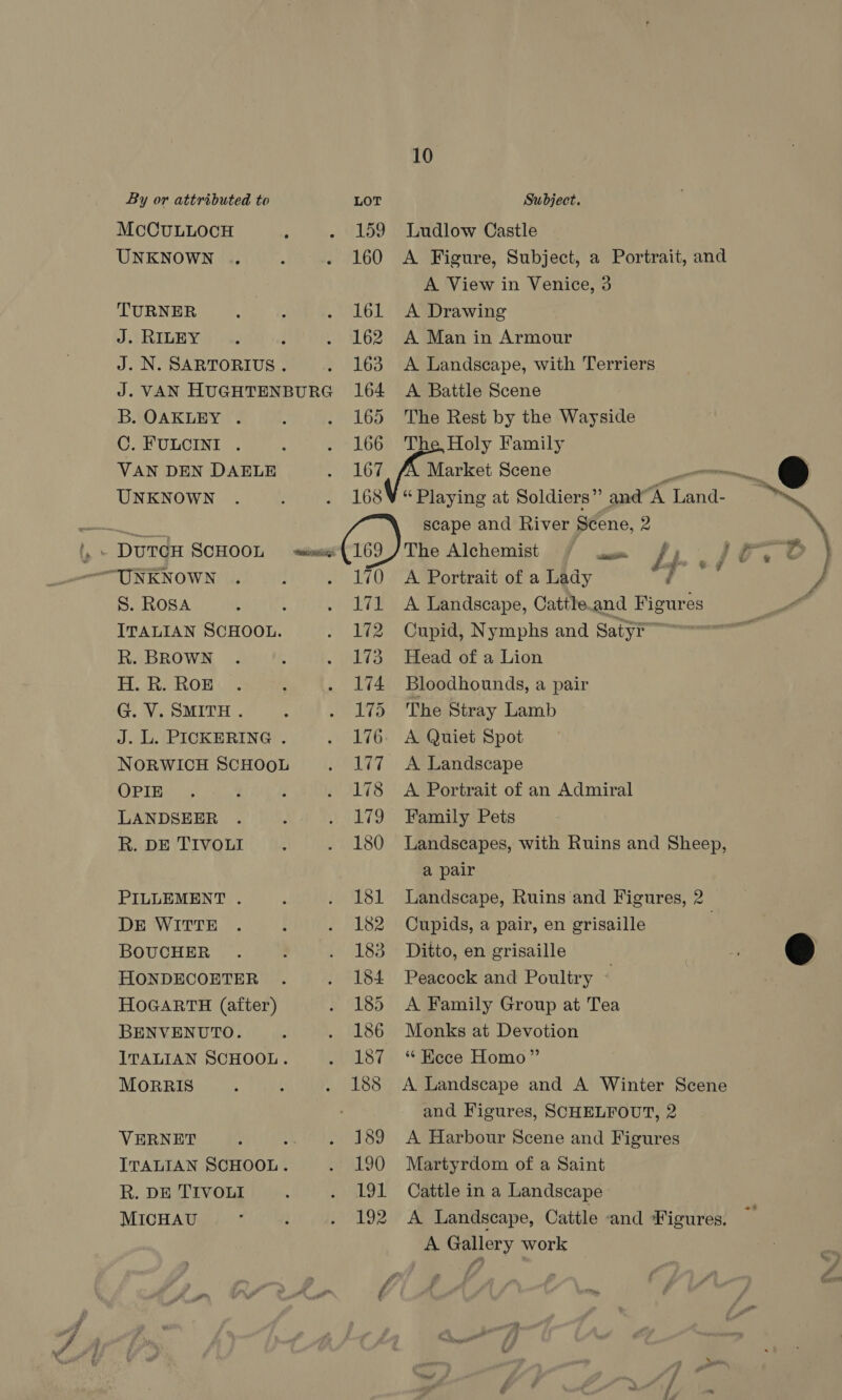 McCuLuLOocH UNKNOWN TURNER J. RILEY J. N. SARTORIUS . J. VAN HUGHTENBURG B. OAKLEY . C. FULCINI . VAN DEN DAELE UNKNOWN S. ROSA : ITALIAN SCHOOL. R. BROWN H. R. ROE G. V. SMITH . J. L. PICKERING . NORWICH SCHOOL OPIE LANDSEER R. DE TIVOLI PILLEMENT . DE WITTE BOUCHER HONDECOETER HOGARTH (after) BENVENUTO. ITALIAN SCHOOL. MORRIS VERNET ; ITALIAN SCHOOL. R. DE TIVOLI MICHAU 10 159 Ludlow Castle 160 A Figure, Subject, a Portrait, and A View in Venice, 3 161 A Drawing 162 A Man in Armour 163 <A Landscape, with Terriers 164 <A Battle Scene 165 The Rest by the Wayside scape and River Scene, 2 169.) The Alchemist — f r 170 <A Portrait of a Lady ey ae 171 A Landscape, Cattle.and Figures 172 Cupid, Nymphs and Satyr” 173 Head of a Lion 174 Bloodhounds, a pair 175 The Stray Lamb 176. A Quiet Spot 177 A Landscape 178 A Portrait of an Admiral 179 Family Pets 180 Landscapes, with Ruins and Sheep, a pair 181 Landscape, Ruins and Figures, 2 182 Cupids, a pair, en grisaille | 183 Ditto, en grisaille 184 Peacock and Poultry ‘ 185 <A Family Group at Tea 186 Monks at Devotion 187 “Ecce Homo” 188 A Landscape and A Winter Scene and Figures, SCHELFOUT, 2 189 <A Harbour Scene and Figures 190 Martyrdom of a Saint 191 Cattle in a Landscape 192 A Landscape, Cattle and Figures. A Gallery work