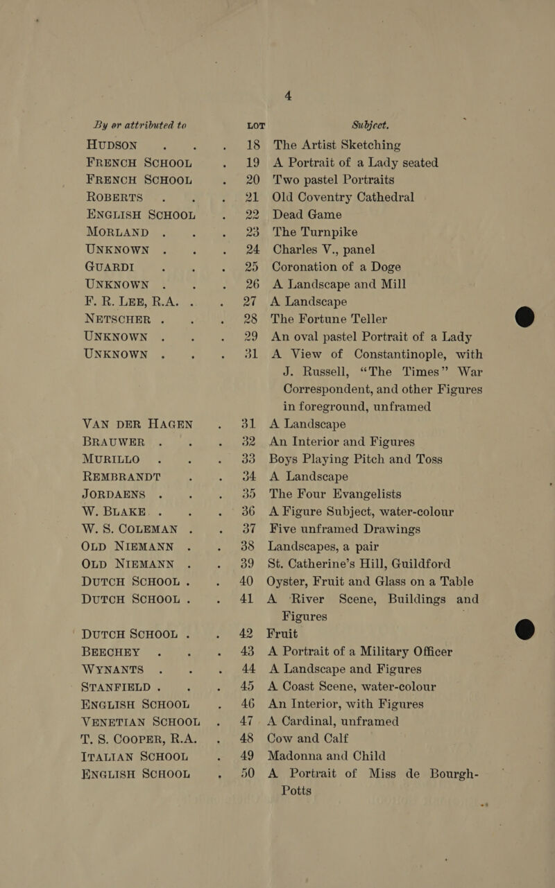 HUDSON FRENCH SCHOOL FRENCH SCHOOL ROBERTS ENGLISH SCHOOL MORLAND UNKNOWN GUARDI UNKNOWN F. R. LER, R.A. NETSCHER . UNKNOWN UNKNOWN VAN DER HAGEN BRAUWER MURILLO REMBRANDT JORDAENS W. BLAKE. . W.S. COLEMAN OLD NIEMANN OLD NIEMANN DUTCH SCHOOL . DUTCH SCHOOL . ' DUTCH SCHOOL . BEECHEY WYNANTS STANFIELD . ENGLISH SCHOOL VENETIAN SCHOOL T. S. COOPER, R.A. ITALIAN SCHOOL ENGLISH SCHOOL o4 The Artist Sketching A Portrait of a Lady seated Two pastel Portraits Old Coventry Cathedral Dead Game The Turnpike Charles V., panel Coronation of a Doge A Landscape and Mill A Landscape The Fortune Teller An oval pastel Portrait of a Lady A View of Constantinople, with J. Russell, “The Times” War Correspondent, and other Figures in foreground, unframed A Landscape An Interior and Figures Boys Playing Pitch and Toss A Landscape The Four Evangelists A Figure Subject, water-colour Five unframed Drawings Landscapes, a pair St. Catherine’s Hill, Guildford Oyster, Fruit and Glass on a Table A ‘River Scene, Buildings and Figures Fruit A Portrait of a Military Officer A Landscape and Figures A Coast Scene, water-colour An Interior, with Figures Cow and Calf Madonna and Child A Portrait of Miss de Bourgh- Potts