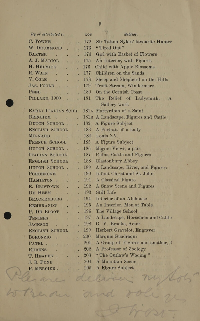 C. TOWNE W. DRUMMOND BAXTER A. J. MADIOL H. HELMICK R. WAIN V. COLE JAS. POOLE PEEL ’ PILLARD, 1900 EARLY ITALIAN SCH’L BERGHEM DUTCH SCHOOL . ENGLISH SCHOOL MIGNARD FRENCH SCHOOL DUTCH SCHOOL . ITALIAN SCHOOL ENGLISH SCHOOL DUTCH. SCHOOL . PORDENONE HAMILTON . E. BRISTOWE DE HEEM BRACKENBURG REMBRANDT P. DE BLOOT TENIERS JACKSON ENGLISH SCHOOL BORONZIO PATEL . RUBENS T. HEAPHY . J. B. PYNE P. MERCIER, 172 173 174 175 176 177 178 iQ 180 181 181A 181B 182 183 184 185 186 187 188 189 190 191 192 193 194 195 196 197 198 199 200 201 202 203 204. 205 Sir Tatton Sykes’ favourite Hunter “Tired Out” Girl with Basket of Flowers An Interior, with Figures Child with Apple Blossoms Children on the Sands Sheep and Shepherd on the Hills Trout Stream, Windermere On the Cornish Coast The Relief of Ladysmith. A Gallery work Martyrdom of a Saint A Landscape, Figures and Cattle A Figure Subject A Portrait of a Lady Louis XV. A Figure Subject Marine Views, a pair Ruins, Cattle and Figures Glastonbury Abbey A Landscape, River, and Figures Infant Christ and St. John A Classical Figure A Snow Scene and Figures Still Life Interior of an Alehouse An Interior, Men at Table The Village School A Landscape, Horsemen and Cattle G. V. Brooke, Actor Herbert Gravelot, Engraver Marquis Guadraqui A Group of Figures and another, 2 A Professor of Zoology “The Outlaw’s Wooing” A Mountain Scene A Figure Subject