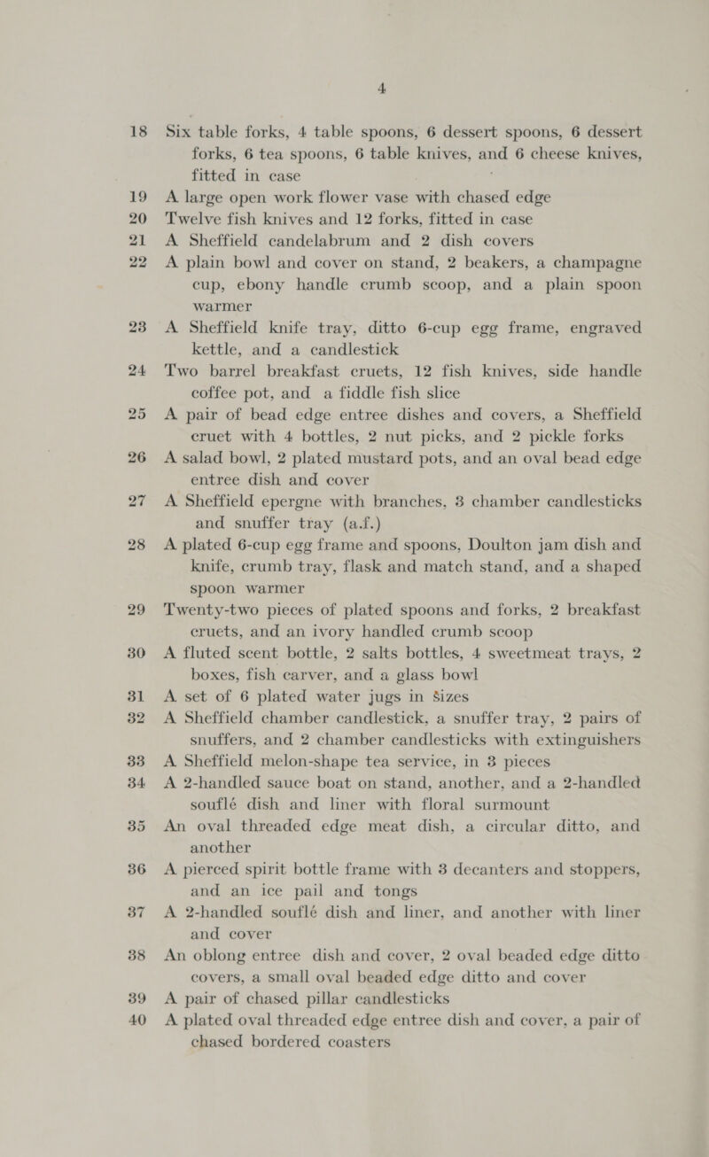 39 40 4 forks, 6 tea spoons, 6 table knives, and 6 cheese knives, fitted in case A large open work flower vase with chased edge Twelve fish knives and 12 forks, fitted in case A Sheffield candelabrum and 2 dish covers A plain bowl and cover on stand, 2 beakers, a champagne cup, ebony handle crumb scoop, and a plain spoon warmer A Sheffield knife tray, ditto 6-cup egg frame, engraved kettle, and a candlestick Two barrel breakfast cruets, 12 fish knives, side handle coffee pot, and a fiddle fish slice A pair of bead edge entree dishes and covers, a Sheffield cruet with 4 bottles, 2 nut picks, and 2 pickle forks A salad bowl, 2 plated mustard pots, and an oval bead edge entree dish and cover A Sheffield epergne with branches, 8 chamber candlesticks and snuffer tray (a.f.) A plated 6-cup egg frame and spoons, Doulton jam dish and knife, crumb tray, flask and match stand, and a shaped spoon warmer Twenty-two pieces of plated spoons and forks, 2 breakfast cruets, and an ivory handled crumb scoop A fluted scent bottle, 2 salts bottles, 4 sweetmeat trays, 2 boxes, fish carver, and a glass bowl A set of 6 plated water jugs in Sizes A Sheffield chamber candlestick, a snuffer tray, 2 pairs of snuffers, and 2 chamber candlesticks with extinguishers A Sheffield melon-shape tea service, in 3 pieces A 2-handled sauce boat on stand, another, and a 2-handled souflé dish and liner with floral surmount An oval threaded edge meat dish, a circular ditto, and another A pierced spirit bottle frame with 3 decanters and stoppers, and an ice pail and tongs A 2-handled souflé dish and liner, and another with liner and cover An oblong entree dish and cover, 2 oval beaded edge ditto covers, a small oval beaded edge ditto and cover A pair of chased pillar candlesticks A plated oval threaded edge entree dish and cover, a pair of chased bordered coasters