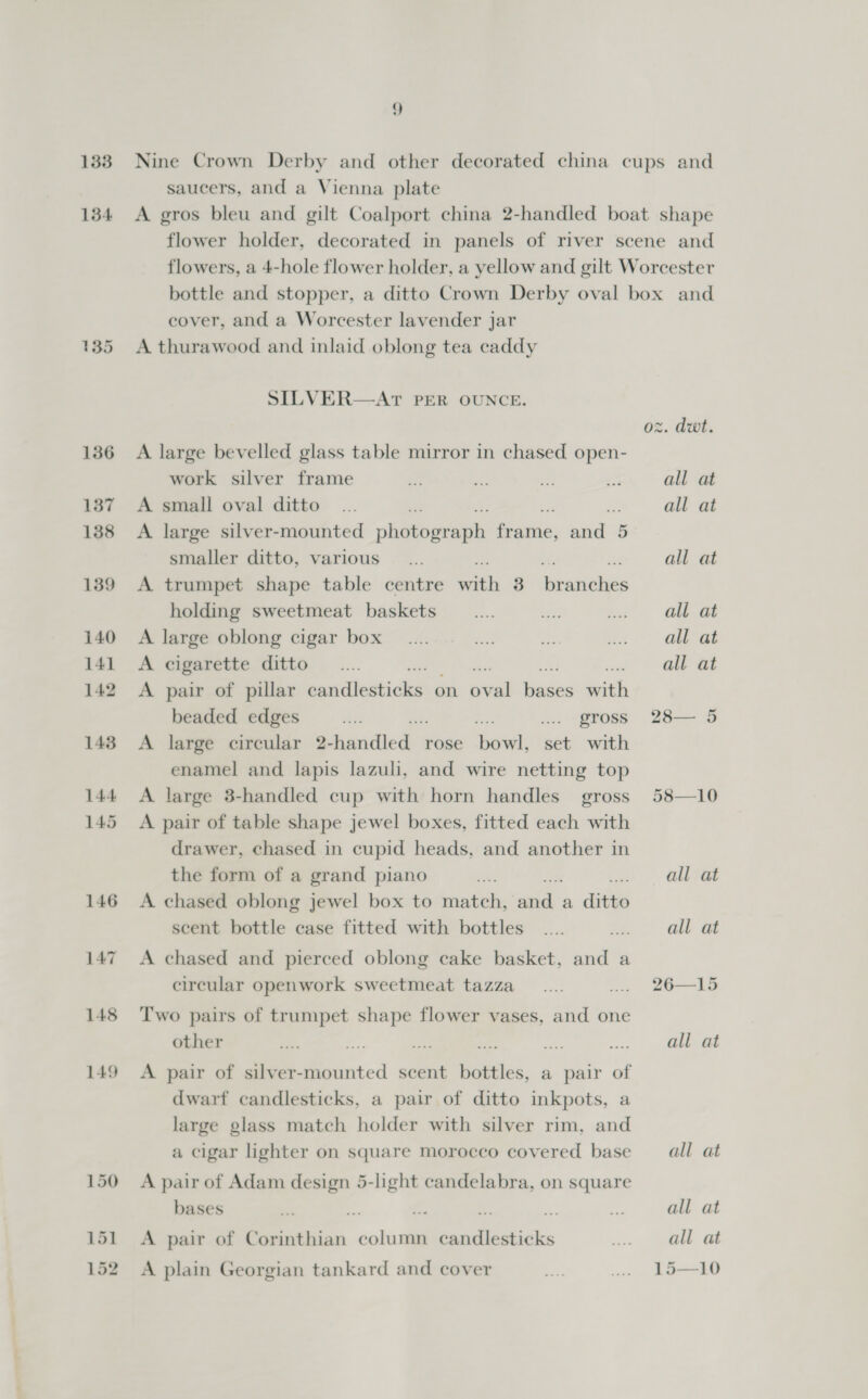 134 135 136 137 138 139 140 141 142 143 144 145 146 147 148 149 9 saucers, and a Vienna plate A gros bleu and gilt Coalport china 2-handled boat shape flower holder, decorated in panels of river scene and flowers, a 4-hole flower holder, a yellow and gilt Worcester bottle and stopper, a ditto Crown Derby oval box and cover, and a Worcester lavender jar A thurawood and inlaid oblong tea caddy SILVER—AT PER OUNCE. oz. dwt. A large bevelled glass table mirror in chased open- work silver frame a re ihe ee all at A small oval ditto... all at A large silver-mounted phaboprail: on bad 5 smaller ditto, various _... all at A trumpet shape table centre pitt 3 Heaiaies holding sweetmeat baskets _.... be i: aha A large oblong cigar box _.... aid ne ai Gat A cigarette ditto _.... all at A pair of pillar au dbentichs on ov ail a ith beaded edges ‘le .. gross 28— 5 A large circular 2- ey rose thal set with enamel and lapis lazuli, and wire netting top A large 3-handled cup with horn handles gross 58—10 A pair of table shape jewel boxes, fitted each with drawer, chased in cupid heads, and another in the form of a grand piano = me. alba A chased oblong jewel box to —s meg a ditto scent bottle case fitted with bottles .... is all at A chased and pierced oblong cake basket, and a circular openwork sweetmeat tazza_.... ... 26—15 Two pairs of trumpet shape flower vases, and one other ma x. ae is we .., _ bb at A pair of silver-mounted scent bottles, a pair of dwarf candlesticks, a pair of ditto inkpots, a large glass match holder with silver rim, and a cigar lighter on square morocco covered base — all at A pair of Adam design 5-light candelabra, on square bases a a f we i +H all at A pair of Corinthian column candlesticks wie lh at A plain Georgian tankard and cover we ... 15—10
