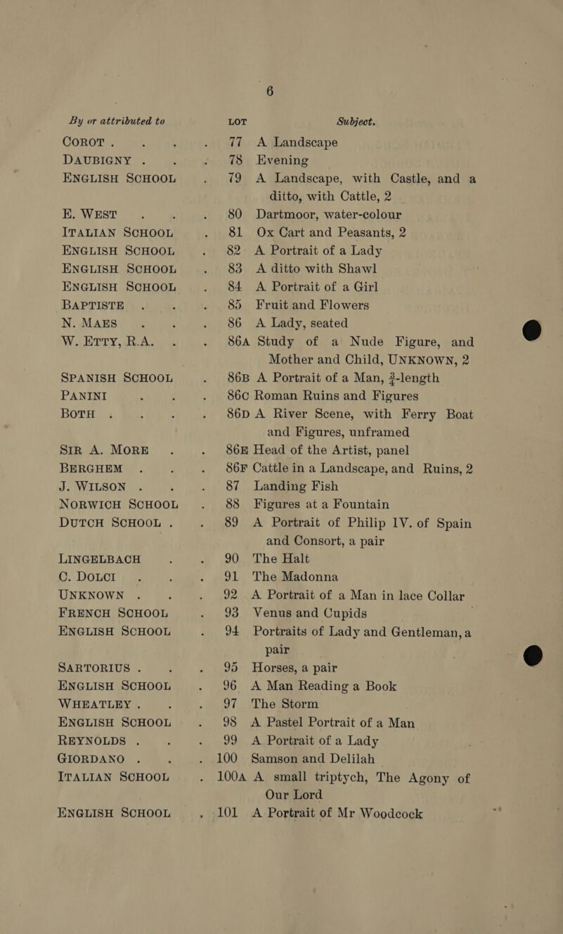 COROT . DAUBIGNY . ENGLISH SCHOOL E. WEST ITALIAN SCHOOL ENGLISH SCHOOL ENGLISH SCHOOL ENGLISH SCHOOL BAPTISTE N. MAES Woeilh TTY. abt. an. PANINI BoTH SIR A. MORE BERGHEM J. WILSON NORWICH SCHOOL DUTCH SCHOOL . LINGELBACH C. DOLCI UNKNOWN FRENCH SCHOOL ENGLISH SCHOOL SARTORIUS . ENGLISH SCHOOL WHEATLEY . ENGLISH SCHOOL REYNOLDS . GIORDANO ITALIAN SCHOOL ENGLISH SCHOOL 77 +A Landscape 78 Evening 79 A Landscape, with Castle, and a ditto, with Cattle, 2 _ 80 Dartmoor, water-colour 81 Ox Cart and Peasants, 2 82. A Portrait of a Lady 83 A ditto with Shawl 84 A Portrait of a Girl 85 Fruit and Flowers 86 A Lady, seated 86A Study of a Nude Figure, and Mother and Child, UNKNownN, 2 86B A. Portrait of a Man, 3-length 86c Roman Ruins and Figures 86D A River Scene, with Ferry Boat and Figures, unframed 86E Head of the Artist, panel S6F Cattle in a Landscape, and Ruins, 2 87 Landing Fish 88 Figures at a Fountain 89 <A Portrait of Philip 1V. of Spain and Consort, a pair 90 The Halt 91 The Madonna 93 Venus and Cupids J4 Portraits of Lady and Gentleman, a pair 95 Horses, a pair 96 A Man Reading a Book 97 The Storm 98 <A Pastel Portrait of a Man 99 A Portrait of a Lady 100 Samson and Delilah — 100A A small triptych, The Agony of Our Lord . 101 A Portrait of Mr Woodcock