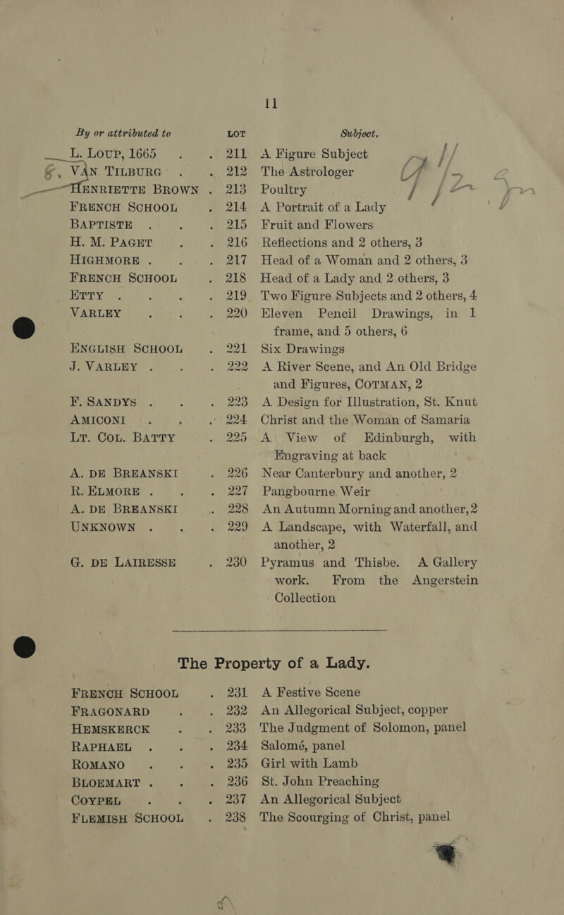    By or attributed to L. Loup, 1665 VAN TILBURG FRENCH SCHOOL BAPTISTE H. M. Pacer HIGHMORE . FRENCH SCHOOL VARLEY ENGLISH SCHOOL J. VARLEY F. SANDYS AMICONI LT. Cot. BATTY A. DE BREANSKI R. ELMORE . A. DE BREANSKI UNKNOWN G. DE LAIRESSE li Subject, A Figure Subject ‘od } if The Astrologer (A y oe Poultry / jo A Portrait of a Lady / Fruit and Flowers Reflections and 2 others, 3 Head of a Woman and 2 others, 3 Head of a Lady and 2 others, 3 Two Figure Subjects and 2 others, 4 Eleven Pencil Drawings, frame, and 5 others, 6 Six Drawings A River Scene, and An Old Bridge and Figures, COTMAN, 2 A Design for Illustration, St. Knut Christ and the Woman of Samaria A View of Edinburgh, Engraving at back Near Canterbury and another, 2 Pangbourne Weir An Autumn Morning and another, 2 A Landscape, with Waterfall, and in with another, 2 Pyramus and Thisbe. A Gallery work. From the Angerstein Collection  FRENCH SCHOOL FRAGONARD HEMSKERCK RAPHAEL ROMANO BLOEMART . COYPEL FLEMISH SCHOOL 231 232 233 234 239 236 237 238 A Festive Scene An Allegorical Subject, copper The Judgment of Solomon, panel Salomé, panel Girl with Lamb St. John Preaching An Allegorical Subject The Scourging of Christ, panel