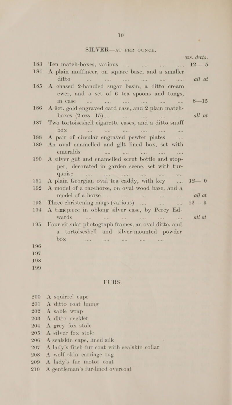 1838 184 200 201 202 2038 204. 205 206 207 208 209 210 10 SILVER—AT PER OUNCE. Ten match-boxes, various ia A plain muffineer, on square base, me a smaller ditto Bk ee A chased 2- baadied sugar bes a aie cream ewer, and a set of 6 tea spoons and tongs, in case A 9ct. gold engraved pe case, ne 2 Bhs en: boxes (2 ozs. 15) .. Two tortoiseshell cigar See cases, sce a nee conte A pair of circular engraved pewter plates An oval enamelled and gilt lned box, set with emeralds A silver gilt and eaemiclied anene pete id oH per, decorated in garden scene, set with tur- quoise A plain Georgian a tea aaa iin a A model of a racehorse, on oval wood base, and a model ef a horse .... Three christening mugs (Vv cna A timepiece in oblong silver case, by Perey Ed- wards Four circular Shomseraph fia an. ea aes. ful a tortoiseshell and = silver-mounted powder box FURS. A squirrel cape A ditto coat lining A. sable wrap A ditto necklet A grey fox stole A silver fox stole A sealskin cape, lined silk A lady’s fitch fur coat with sealskin collar A wolf skin carriage rug A lady’s fur motor coat A gentleman’s fur-lined overcoat ozs. dwts. 12— 5 all at 8—15 all at 12— 0 all at 12— 5 all at