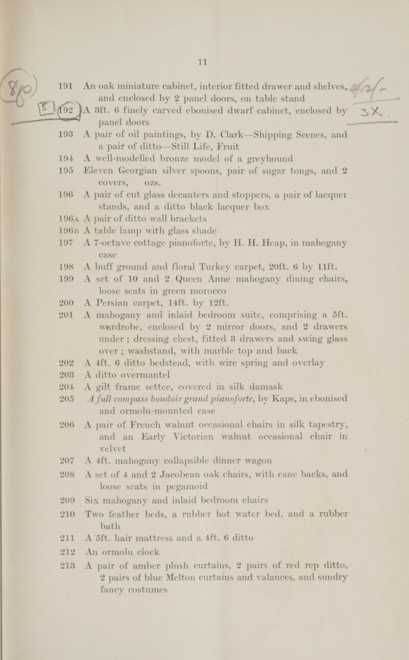 b Fe) 1964 196B 197  NW we we oS = oS Oo -&amp; W WN bo — — op) 207 208 209 210 211 212 2138 11 and enclosed by 2 panel doors, on table stand A 3ft. 6 finely carved ebonised dwarf cabinet, enclosed by panel doors A pair of oil paintings, by a pair of ditt A well-modelled bronze model of a greyhound Kleven Georgian silver spoons, pair of sugar tongs, and 2 covers, ZS.  Shipping Scenes, and  A. pair of cut glass decanters and stoppers, a pair of lacquer stands, and a ditto black lacquer box A pair of ditto wall brackets A table lamp with glass shade A 7-octave cottage pianoforte, by H. H. Heap, in mahogany case A buff ground and floral Turkey carpet, 20ft. 6 by 11ft. A set of 10 and 2 Queen Anne mahogany dining chairs, loose seats In green morocco A Persian carpet, 14ft. by 12ft. A mahogany and inlaid bedroom suite, comprising a 5ft. werdrobe, enclosed by 2 mirror doors, and 2 drawers under ; dressing chest, fitted 3 drawers and swing glass over ; washstand, with marble top and back A 4ft. 6 ditto bedstead, with wire spring and overlay A ditto overmantel A gilt frame settee, covered in silk damask A full compass boudoir grand pianoforte, by Kaps, in ebonised and ormolu-mounted case A. pair of French walnut occasional chairs in silk tapestry, and an Karly Victorian walnut occasional chair in velvet A. 4ft. mahogany collapsible dinner wagon A set of 4 and 2 Jacobean oak chairs, with cane backs, and loose seats in pegamoid Six mahogany and inlaid bedroom chairs Two feather beds, a rubber hot water bed, and a rubber bath A 5ft. hair mattress and a 4ft. 6 ditto An ormolu clock A pair of amber plush curtains, 2 pairs of red rep ditto, 2 pairs of blue Melton curtains and valances, and sundry fancy costumes “SX ee