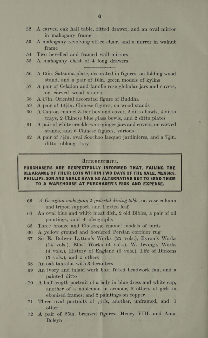 52 53 6 A earved oak hall table, fitted drawer, and an oval mirror in mahogany frame A mahogany revolving office chair, and a mirror in walnut frame Two bevelled and framed wall mirrors A mahogany chest of 4 long drawers A 12in. Satsuma plate, decorated in figures, on folding wood stand, and a pair of 10in. green models of kylins A pair of Celadon and famille rose globular jars and covers, on carved wood stands A 17in. Oriental decorated figure of Buddha A pair of 144in. Chinese figures, on wood stands A Canton enamel 3-tier box and cover, 2 ditto bowls, 4 ditto trays, 2 Chinese blue glass bowls, and 2 ditto plates A pair of white crackle ware ginger jars and covers, on carved stands, and 6 Chinese figures, various A pair of 7din. oval Soochoo lacquer jardinieres, and a 7#in. ditto oblong tray  Announcement,    68 69 71 72 TO A WAREHOUSE AT PURCHASER’S RISK AND EXPENSE. A Georgian mahogany 2-pedestal dining table, on vase column and tripod support, and 1 extra leaf An oval blue and white meat dish, 2 old Bibles, a pair of oil paintings, and 4 oleographs Three bronze and Cloisonne enamel models of birds A yellow ground and bordered Persian corridor rug Sir E. Bulwer Lytton’s Works (22 vols.), Byron’s Works (14 vols.), Ellis?’ Works (4 vols.), W. Irving’s Works (4 vols.), History of England (5 vols.), Life of Dickens (3 vols.), and 5 others An oak tantalus with 3 decanters An ivory and inlaid work box, fitted beadwork fan, and a painted ditto A half-length portrait of a lady in blue dress and white cap, another of a nobleman in armour, 2 others of girls in ebonised frames, and 2 paintings on copper | Three oval portraits of girls, another, unframed, and 1 other A pair of 25in. bronzed figures—Henry VIII. and Anne Boleyn ?