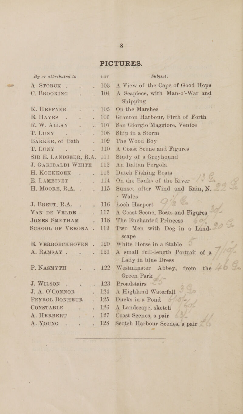 A. STORCK . ©. BROOKING K. HEFFNER E. HAYES R. W. ALLAN T. LUNY BARKER, of Bath 7 \UNY H. KOERKKOEK H. Moors, R.A. . J. BRETT, R.A. VAN DE VELDE . JONES SMETHAM A. RAMSAY . P. NASMYTH J. WILSON J. A. O’CONNOR PEYROL BONHEUR CONSTABLE A. HERBERT A. YOUNG 103 104 105 106 107 108 109 110 pogh 112 113 1i4 115 116 117 118 119 120 121 A View of the Cape of Good Hope A Seapiece, with Man-o’-War and Shipping | On the Marshes Granton Harbour, Firth of Forth © San Giorgio Maggiore, Venice Ship in a Storm The Wood Boy A Coast Scene and Figures Study of a Greyhound An Italian Pergola Dutch Fishing Boats On the Banks of the River c Sunset after Wind and Rain, N. - Wales : Loch Harport . aod A Coast Scene, Boats and Figytes wl The Enchanted Princess scape White Horse in a Stable = A small full-length Portrait of a ~ Lady in blue Dress Westminster Abbey, Green Park _/ Broadstairs ~ A Highland Waterfall — Ducks ina Pond 6 @7G@7« A Landscape, sketch = ~~ Coast Scenes, a pair from the Scotch Harbour Scenes, a pair TG 