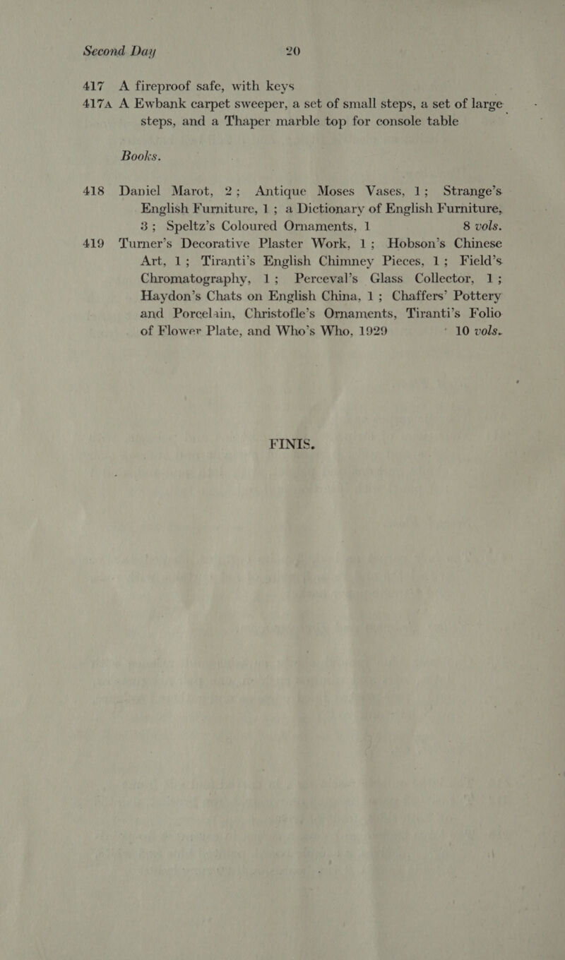Second Day 20 417 A fireproof safe, with keys 4174 A Ewbank carpet sweeper, a set of small steps, a set of large” steps, and a Thaper marble top for console table Books. 418 Daniel Marot, 2; Antique Moses Vases, 1; Strange’s English Furniture, 1; a Dictionary of English Furniture, 3; Speltz’s Coloured Ornaments, 1 8 vols. 419 Turner’s Decorative Plaster Work, 1; Hobson’s Chinese Art, 1; Tiranti’s English Chimney Pieces, 1; Field’s. Chromatography, 1; Perceval’s Glass Collector, 1; Haydon’s Chats on English China, 1; Chaffers’ Pottery and Porcelain, Christofle’s Ornaments, Tiranti’s Folio of Flower Plate, and Who’s Who, 1929 ‘ 10 vols. FINIS.