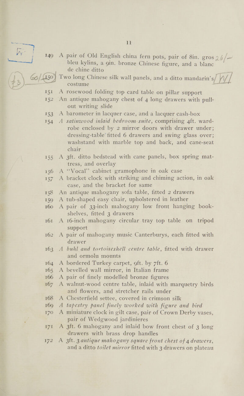 rm eet ps 149 A pair of Old English china fern pots, pair of Sin. gros 74 | des | bleu kylins, a gin. bronze Chinese heure, anda ‘blanc de chine ditto | a Go / L450) Two long Chinese silk wall panels, and a ditto mandarin’ s/ WV] A Le costume rosewood folding top card table on pillar support A A A out writing slide barometer in lacquer case, and a lacquer cash-box satinwood inlaid bedroom.-suite, comprising 4ft. ward- robe enclosed by 2 mirror doors with drawer under; dressing-table fitted 6 drawers and swing glass over; washstand with marble top and back, and cane-seat chair 3ft. ditto bedstead with cane panels, box spring mat- tress, and overlay rs bracket clock with striking and chiming action, in oak case, and the bracket for same A rt A. 4 nn ee ee ee > > > tub-shaped easy chair, upholstered in leather pair of 33-inch mahogany low front hanging book- shelves, fitted 3 drawers 16-inch mahogany circular tray top table on tripod support pair of mahogany music Canterburys, each fitted with drawer buhl and tortoiseshell centre table, fitted with drawer and ormolu mounts bordered Turkey carpet, oft. by 7ft. 6 bevelled wall mirror, in Italian frame pair of finely modelled bronze figures walnut-wood centre table, inlaid with marquetry birds and flowers, and stretcher rails under Chesterfield settee, covered in crimson silk tapestry panel finely worked with figure and bird miniature clock in gilt case, pair of Crown Derby vases, pair of Wedgwood jardinieres 3ft. 6 mahogany and inlaid bow front chest of 3 long drawers with brass drop handles 3it. 3 antique mahogany square front chest of 4 drawers,