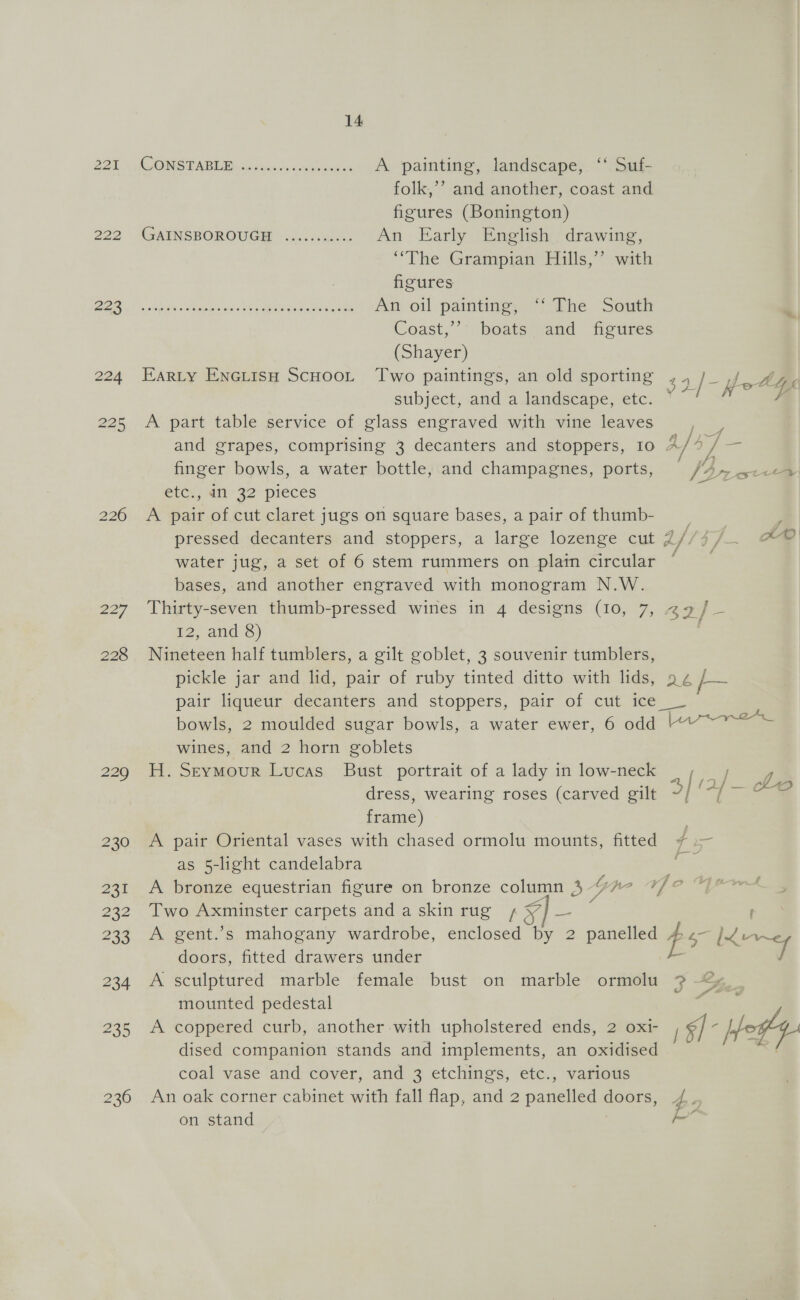 bo ho = 222 223 227 228 229 230 ax 232 233 234 235 236 GNIS FABIB a cc-piom sys te ona A painting, landscape, “‘ Suf- folk,’’ and another, coast and figures (Bonington) GAINSBOROUGH ........... An Early English drawing, “The Grampian Pills,’ wath figures x vibblin dleonaketaacaisic hee epmenae Tue ee ee An oil painting; “’ The South Coast,’ *“beateyeand figures (Shayer) Earty ENGLISH SCHOOL Two paintings, an old sporting 2/ fot subject, and a landscape, etc. ~~ / / V A part table service of glass engraved with vine leaves ie and grapes, comprising 3 decanters and stoppers, 10 4/2) / a etc., i 32 pieces A pair of cut claret jugs on square bases, a pair of thumb- ; pressed decanters and stoppers, a large lozenge cut ay . F® water jug, a set of 6 stem rummers on plain circular bases, and another engraved with monogram N.W. Thirty-seven thumb-pressed wines in 4 designs (10, 7, . 2] = 12, and 8) Nineteen half tumblers, a gilt goblet, 3 souvenir tumblers, pickle jar and lid, pair of ruby tinted ditto with lids, a6 f— pair liqueur decanters and stoppers, pair of cut ice _ bowls, 2 moulded sugar bowls, a water ewer, 6 odd ere wines, and 2 horn goblets H. StymMour Lucas Bust portrait of a lady in low-neck lif dress, wearing roses (carved gilt 2 ‘| frame) A pair Oriental vases with chased ormolu mounts, fitted $i as 5-light candelabra an A bronze equestrian figure on bronze column 3 type Vf ° Two Axminster carpets and a skin rug + A gent.’s mahogany wardrobe, enclosed ae 2 panelled ox doors, fitted drawers under A sculptured marble female bust on marble ormolu mounted pedestal ‘ A coppered curb, another with upholstered ends, 2 oxi- ah We | dised companion stands and implements, an oxidised coal vase and cover, and 3 etchings, etc., various An oak corner cabinet with fall flap, and 2 panelled doors, 4. i on stand ail