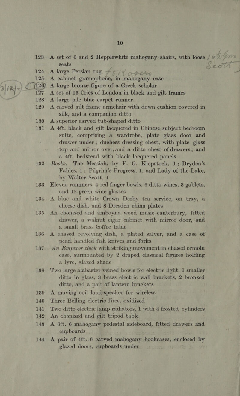 / 123. A set of 6 and 2 Hepplewhite anes 8 chairs, with loose / 62 124 A large Persian rug ts TY (ye he 125. A cabinet gramophone, in SRN Bis case 6128) A large bronze figure of a Greek scholar 127 A set of 18 Cries of London in black and gilt frames 128 A large pile blue carpet runner 129 A carved gilt frame armchair with down cushion covered in silk, and a companion ditto 130 A superior carved tub-shaped ditto 131 A 4ft. black and gilt lacquered in Chinese subject bedroom suite, comprising a wardrobe, plate glass door and drawer under; duchess dressing chest, with plate glass top and mirror over, and a ditto chest of drawers; and a 4ft. bedstead with black lacquered panels 132 Books. The Messiah, by F. G. Klopstock, 1; Dryden’s Fables, 1; Pilgrim’s Progress, 1, and Lady of the Lake, by Walter Scott, 1 133 Eleven rummers, 4 red finger bowls, 6 ditto wines, 3 goblets, and 12 green wine glasses 134. A blue and white Crown Derby tea service, on tray, a cheese dish, and 8 Dresden china plates 135 An ebonized and amboyna wood music canterbury, fitted drawer, a walnut cigar cabinet with mirror door, and a small brass coffee table 136 &lt;A chased revolving dish, a plated salver, and a case of pearl handled fish knives and forks 137. An Emperor clock with striking movement in chased ormolu case, surmounted by 2 draped classical figures holding a lyre, glazed shade 138 Two large alabaster veined bowls for electric light, 1 smaller ditto in glass, 3 brass electric wall brackets, 2 bronzed ditto, and a pair of lantern brackets 189 &lt;A moving coil loud-speaker for wireless 140 Three Belling electric fires, oxidized 141 Two ditto electric lamp radiators, 1 with 4 frosted cylinders 142. An ebonized and gilt tripod table 143 A 6ft. 6 mahogany pedestal sideboard, fitted Bra rears and ! cupboards 144 A pair of 4ft. 6 carved mahogany bookcases, enclosed by glazed doors, cupboards under