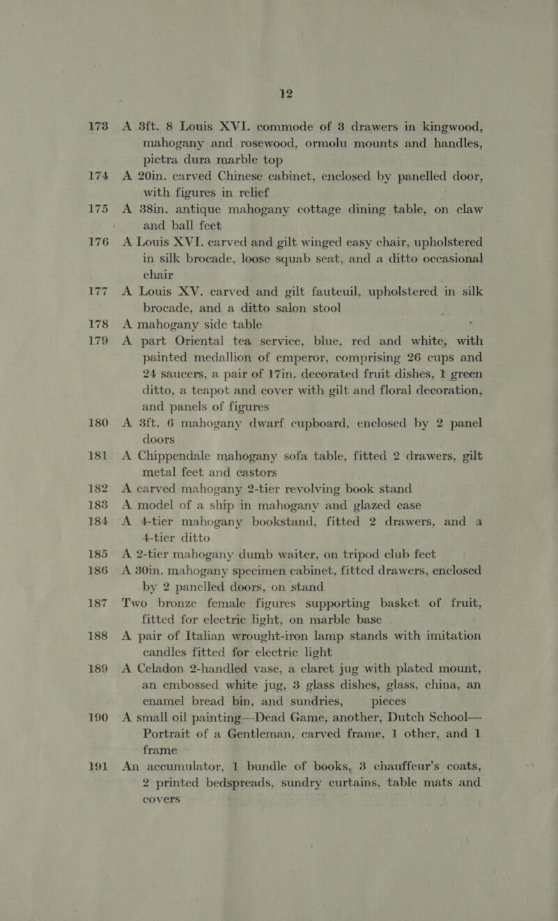 1738 189 190 191 12 A 3ft. 8 Louis XVI. commode of 3 drawers in kingwood, mahogany and rosewood, ormolu mounts and handles, pietra dura marble top A 20in. carved Chinese cabinet, enclosed by panelled door, with figures in. relief A 38in. antique mahogany cottage dining table, on claw and ball feet A Louis XVI. carved and gilt winged easy chair, upholstered in silk brocade, loose squab seat, and a ditto occasional chair ; A Louis XV. carved and gilt fauteuil, upholstered in silk brocade, and a ditto salon stool A mahogany side table | A part Oriental tea service, blue, red and white, with painted medallion of emperor, comprising 26 cups and 24 saucers, a pair of 17in. decorated fruit dishes, 1 green ditto, a teapot and cover with gilt and floral decoration, and panels of figures A 3ft. 6 mahogany dwarf cupboard, enclosed by 2 panel doors A Chippendale mahogany sofa table, fitted 2 drawers, gilt metal feet and castors A carved mahogany 2-tier revolving book stand A model of a ship in mahogany and glazed case A 4-tier mahogany bookstand, fitted 2 drawers, and a 4-tier ditto A 2-tier mahogany dumb waiter, on tripod club feet A. 30in. mahogany specimen cabinet, fitted drawers, enclosed by 2 panelled doors, on stand Two bronze female figures supporting basket of fruit, fitted for electric light, on marble base . A pair of Italian wrought-iron lamp stands with imitation candles fitted for electric light A Celadon 2-handled vase, a claret jug with plated mount, an embossed white jug, 3 glass dishes, glass, china, an enamel bread bin, and sundries, pieces A small oil painting—Dead Game, another, Dutch School— Portrait of a Gentleman, carved frame, 1 other, and 1 frame An accumulator, 1 bundle of books, 3 chauffeur’s coats, 2 printed bedspreads, sundry curtains, table mats and covers